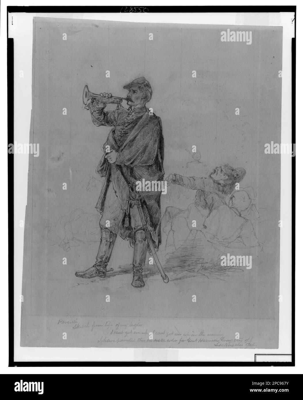 Reveille. Unterschrift unten rechts vom Bild: Jno R Chapin, Titel unter dem Bild eingraviert, unter dem Titel eingraviert: Skizze aus dem Leben meines Buglers. Ich kann sie nicht hochkriegen, ich kann sie nicht morgens hochkriegen. Ich habe das in Aquarell für Genl gemalt. Harrison Gray Otis aus Los Angeles [sic] Cal, Inschrift auf Verso in Bleistift und roter Tinte : präsentiert von Jno. R. Chapin, Buffalo. N.Y. 14 Ja. "02. REC did Jan 25, 1902, Gift, John R. Chapin, 1902 (DLC/PP-A41530,3). Ohrhörner, 1860-1870, Soldaten, Union, 1860-1870, Militäruniformen, Union, 1860-1870, USA, Geschichte, Bürgerkrieg, 1861-1865, Militärpersonal, UNO. Stockfoto