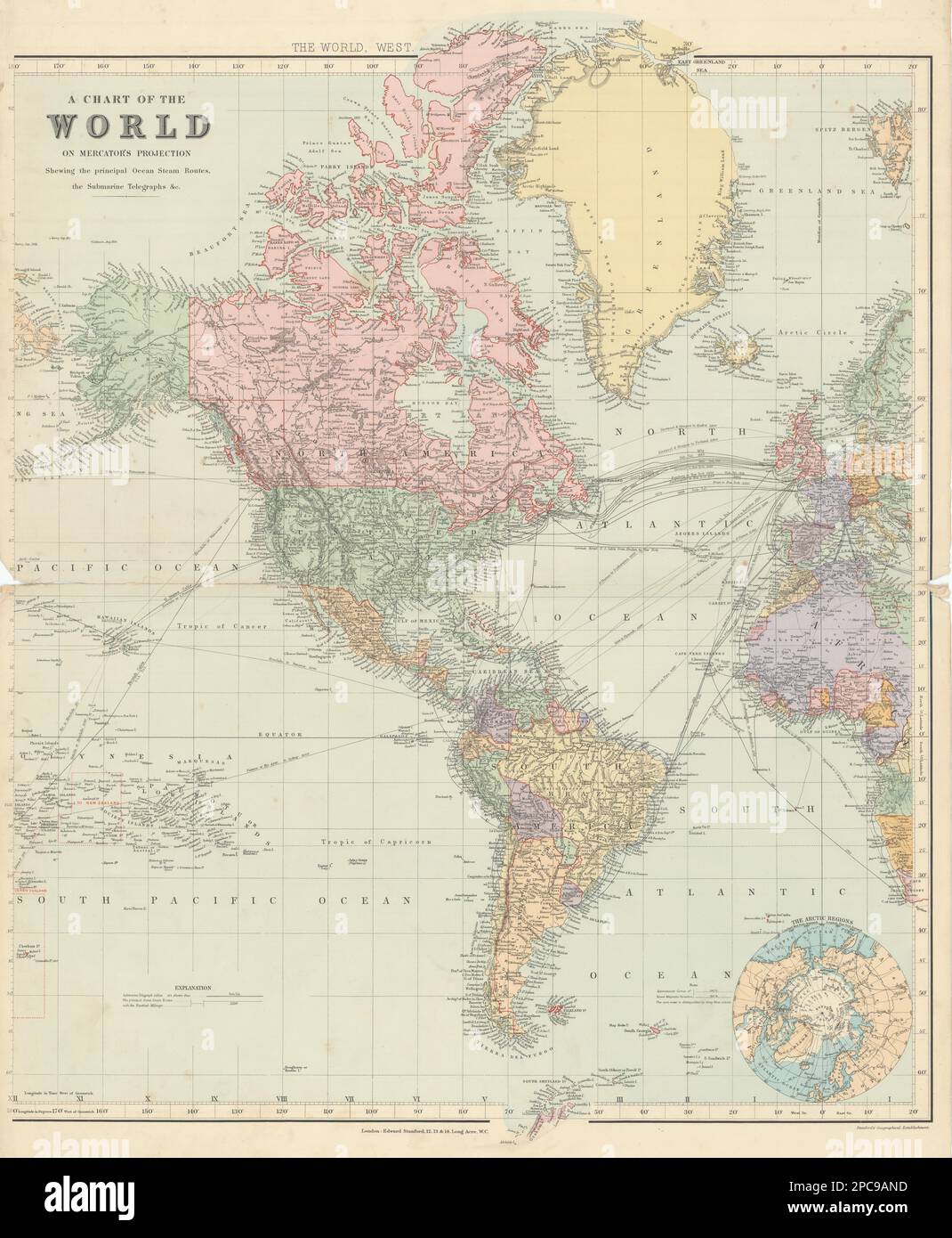 World on Mercator's Projection. Westblatt. Amerika. 67 x 55 cm. STANFORD 1904 Karte Stockfoto