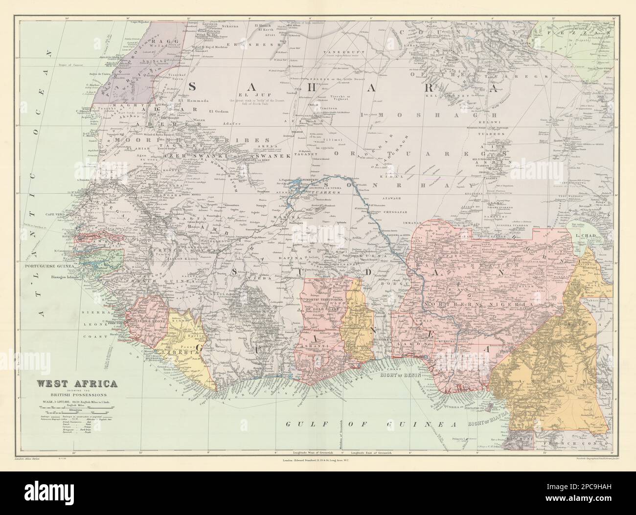 Westafrika zeigt britische Besitztümer. Nigeria Goldküste. STANFORD 1904 Karte Stockfoto