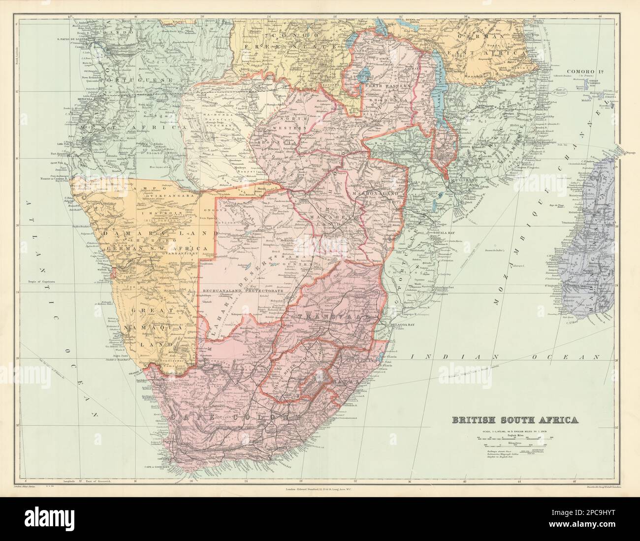 Britisches Südafrika. Karte 1904 von Rhodesia Bechuanaland Botswana Sambia STANFORD Stockfoto