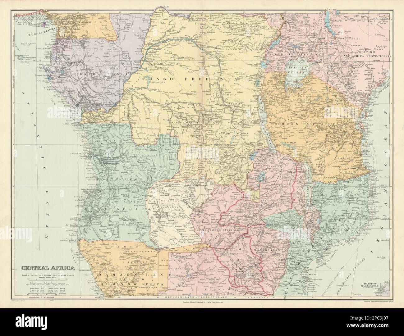 Zentralafrika. Kongo Freistaat Rhodesien, Deutscher Ostafrika. STANFORD 1904 Karte Stockfoto