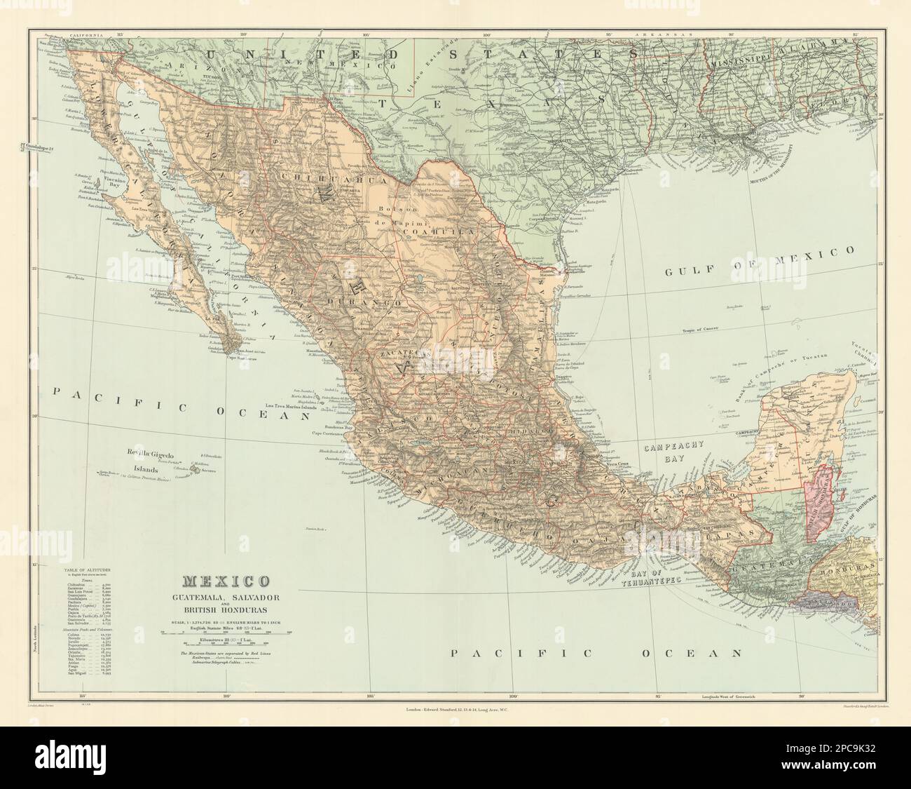 Mexiko Guatemala El Salvador Belizes. Revillagigedo Socorro. STANFORD 1904 Karte Stockfoto