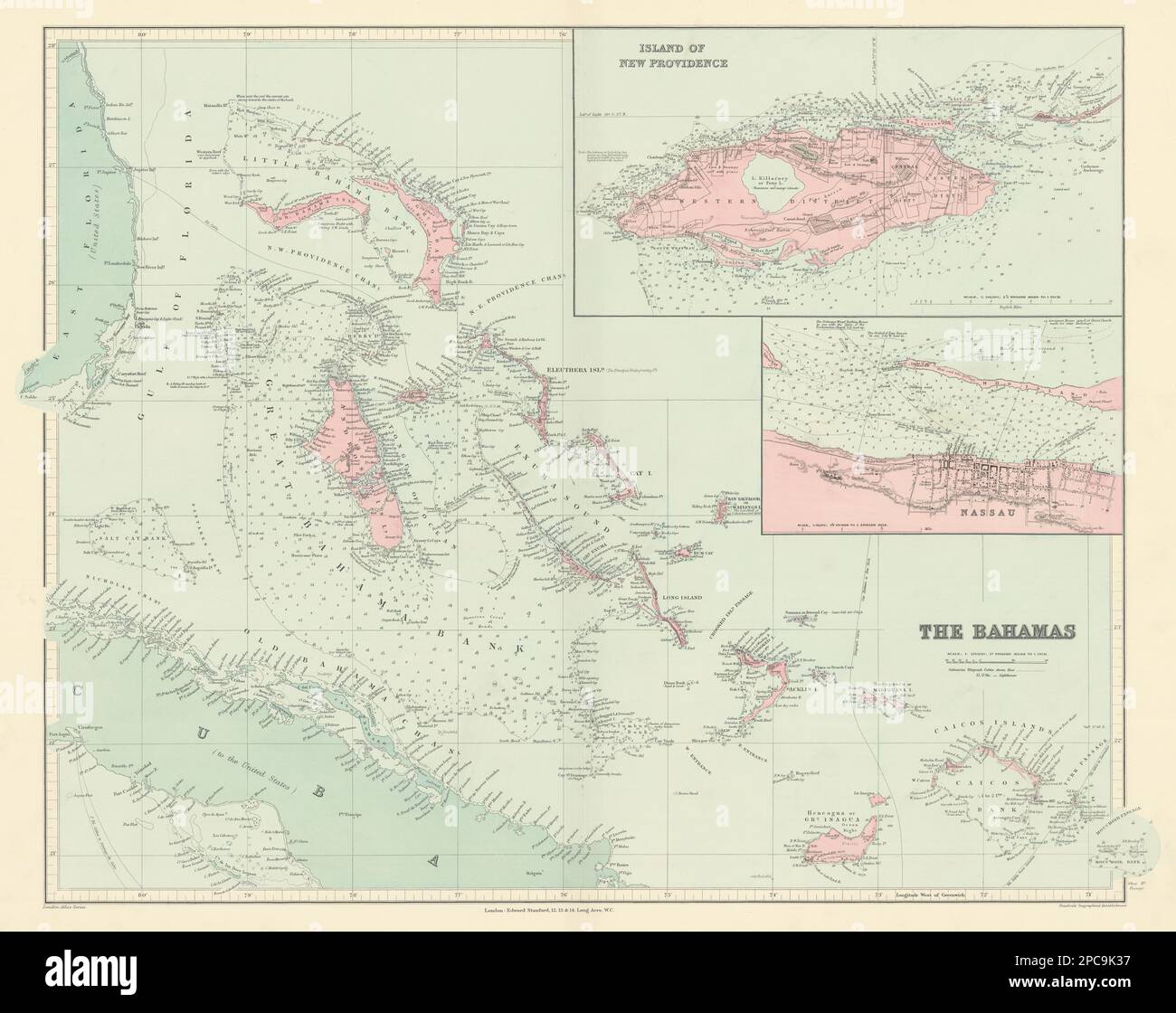 Bahamas. Turks Und Caicos. Neue Vorsehung. Nassau-Plan. 53 x 67 cm. STANFORD 1904 Karte Stockfoto