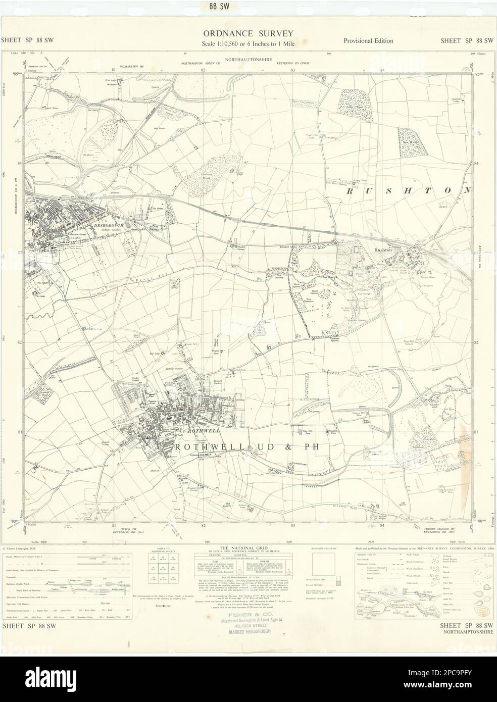 Ordnance Survey SP88SW Northamptonshire Rothwell Desborough Rushton 1958 Karte Stockfoto