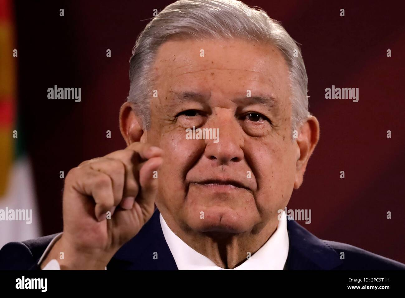 Mexiko-Stadt, Mexiko. 13. März 2023. Der Präsident Mexikos, Andres Manuel Lopez Obrador, während der Pressekonferenz vor Reportern im Nationalpalast in Mexiko-Stadt. Am 13. März 2023 in Mexiko-Stadt, Mexiko (Kreditbild: © Luis Barron/Eyepix via ZUMA Press Wire) NUR REDAKTIONELLER GEBRAUCH! Nicht für den kommerziellen GEBRAUCH! Kredit: ZUMA Press, Inc./Alamy Live News Stockfoto