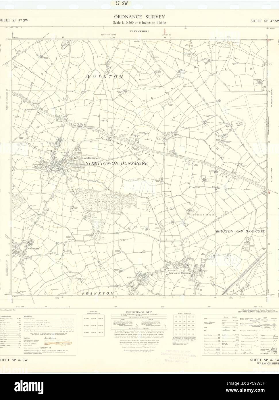 Ordnance Survey SP47SW Warks Bourton/Stretton-on-Dunsmore Frankton 1966 Karte Stockfoto