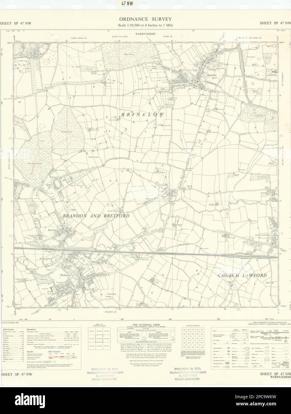 Ordnance Survey SP47NW Warks Wolston Brinklow Brandon Church Lawford 1966 Karte Stockfoto