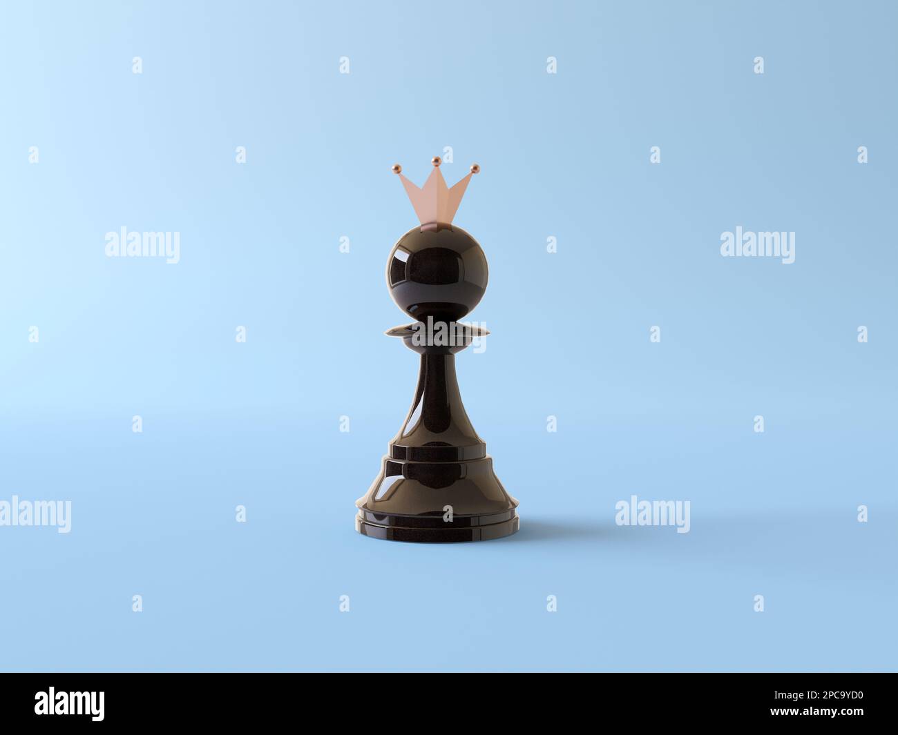 Schwarzer Schachbauer mit Krone isoliert auf pastellblauem Hintergrund. Gekrönte Bauernfigur. Erfolgsstrategie, kreatives Business-Konzept. 3D-Rendern Stockfoto