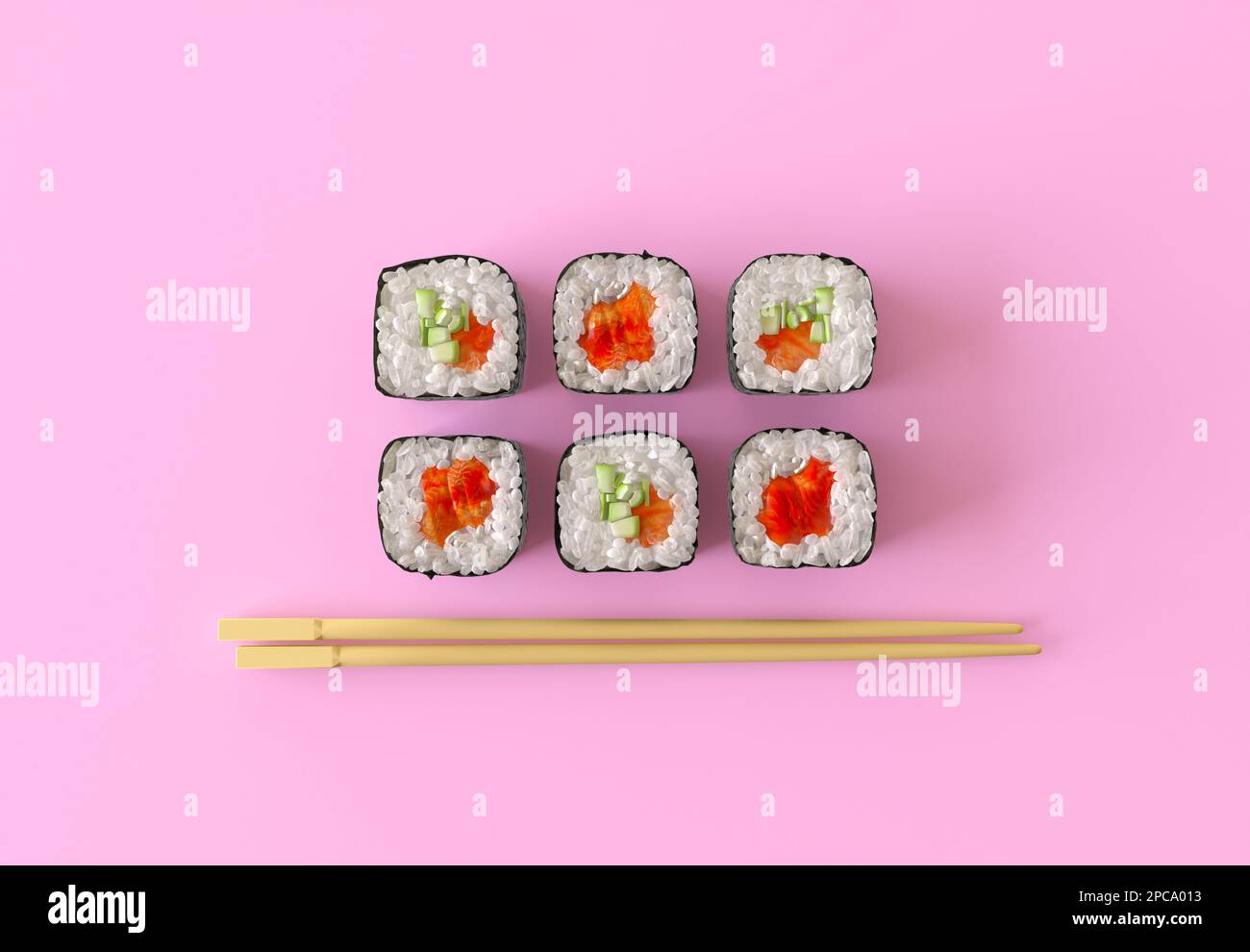 Set mit sechs Minibrötchen mit Reis, Lachs, Gurke und Avocado. Das Sushi-Set ist isoliert auf pinkfarbenem Hintergrund, Draufsicht. Stockfoto