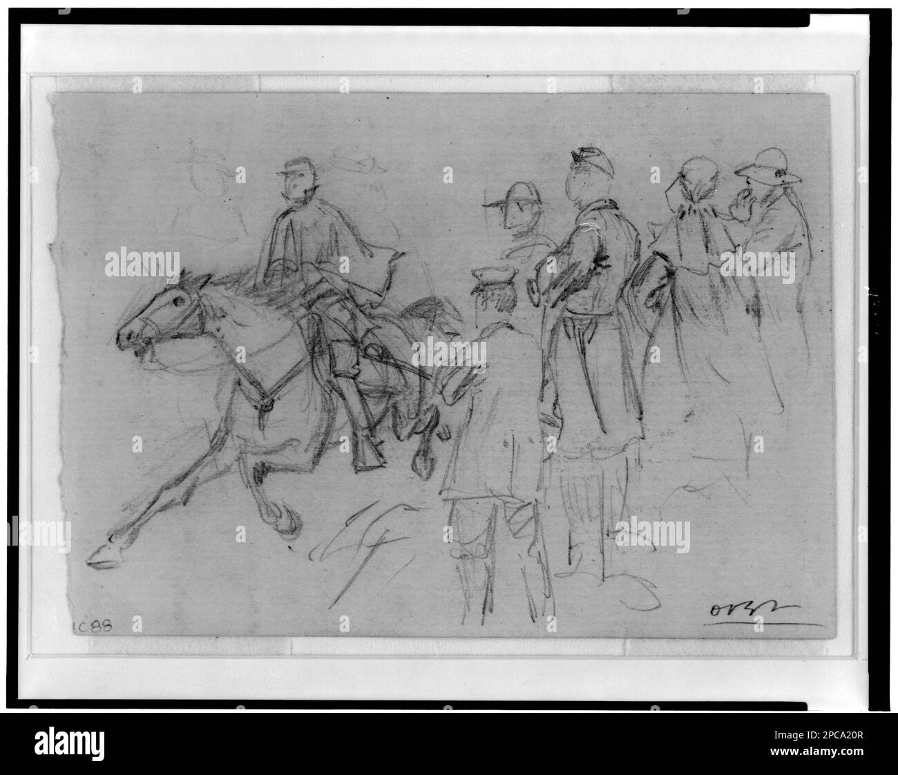 Der C. de Paris reitet nach Yorktown mit dem ersten klaren Bericht über die Dinge in Williamsburg. Morgan Sammlung von Zeichnungen aus dem Bürgerkrieg. Paris, Louis-Philippe-Albert d'Orleans, comte de, 1838-1894, Militärdienst, Williamsburg, Battle of, Williamsburg, VA, 1862, Soldaten, Union, 1860-1870, Militäroffiziere, Union, 1860-1870, Frauen, 1860-1870, Usa, Geschichte, Bürgerkrieg, 1861-1865, Kommunikation, Usa, Geschichte, Bürgerkrieg, 1861-1865, Militärpersonal, Union, Vereinigte Staaten, Virginia, Yorktown Stockfoto