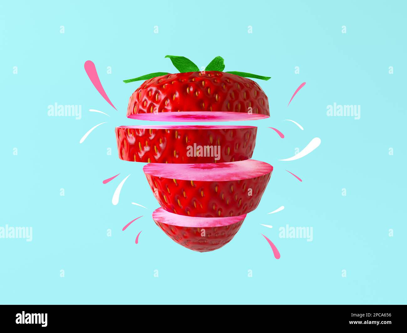 Rot geschnittene Erdbeere, isoliert auf blauem Hintergrund. Schwimmende, leckere Erdbeeren mit grünen Blättern und saftigen Comic-weißen Tropfen. Frische Kreativität Stockfoto