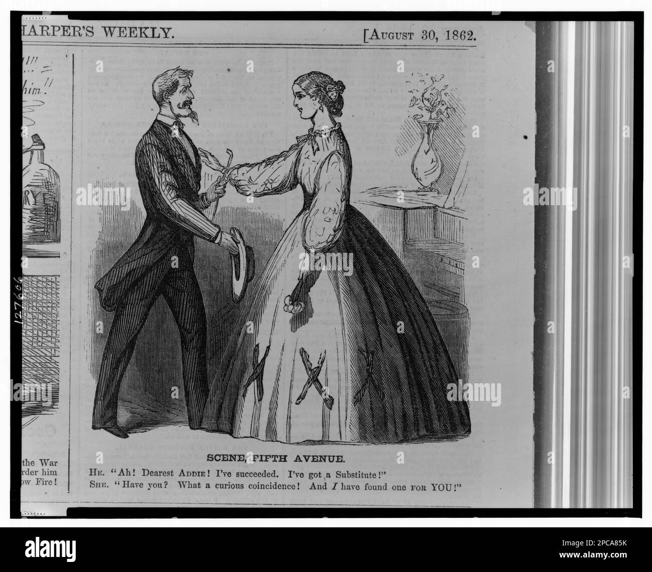 Szene, Fifth Avenue. Titel von Element, Abbildungen In: Harper's Weekly, v. 6, no 296 (1862. August 30), S. 560. Entwurf (Militärdienst), 1860-1870, Beziehungen zwischen den Geschlechtern, 1860-1870, Paare, 1860-1870, Frauen, Bekleidung & Kleidung, 1860-1870, USA, Geschichte, Bürgerkrieg, 1861-1865, Rekrutierung und Einstellung. Stockfoto
