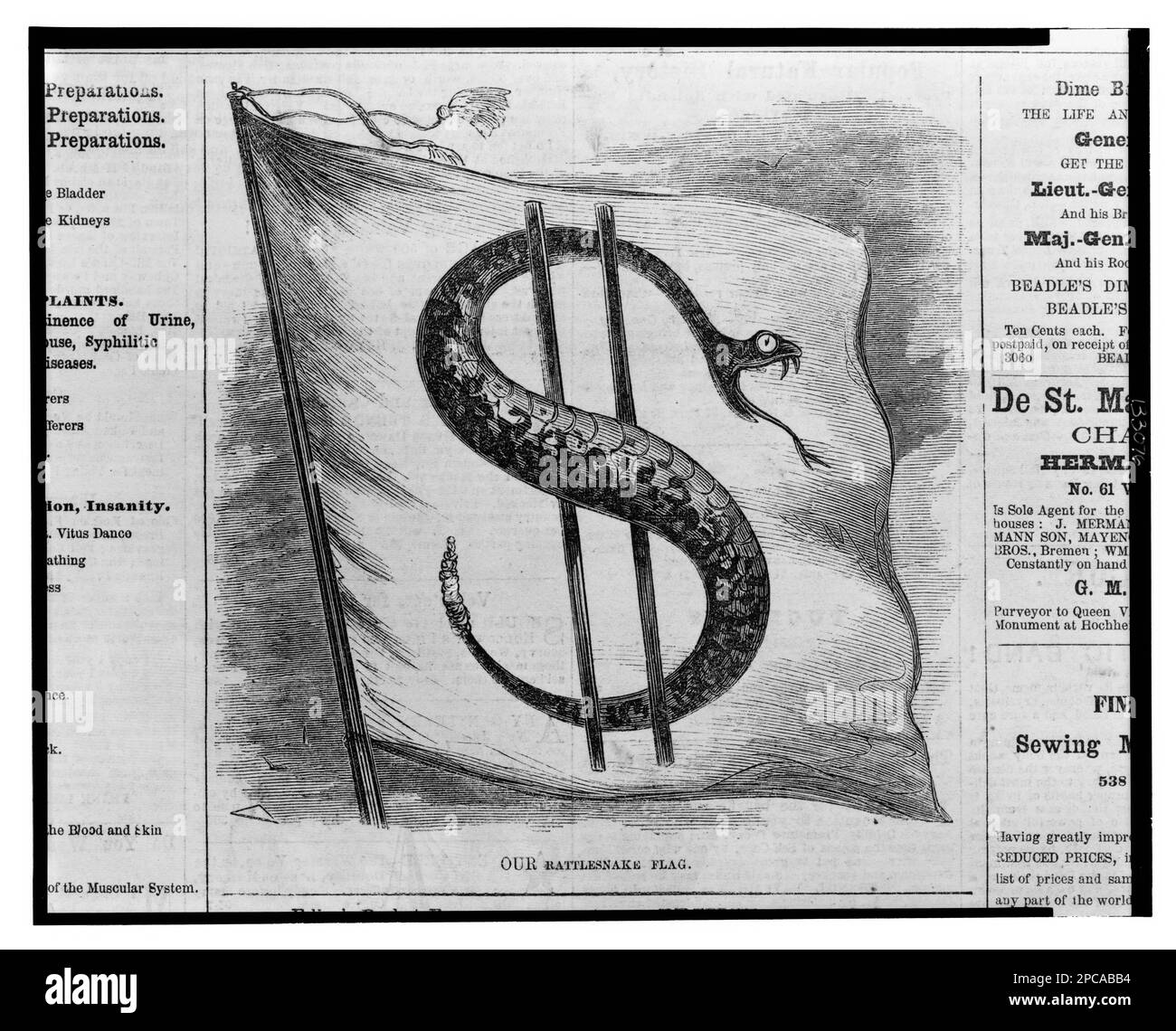 Unsere Klapperschlangen-Flagge. Titel von Element, Abbildungen In: Frank Leslies illustrierte Zeitung, v. 12, No 306 (1861. September 28), S. 320. Flaggen, 1860-1870, Klapperschlangen, 1860-1870, Dollarzeichen, 1860-1870, Usa, Geschichte, Bürgerkrieg, 1861-1865, Wirtschaftliche und industrielle Aspekte. Stockfoto
