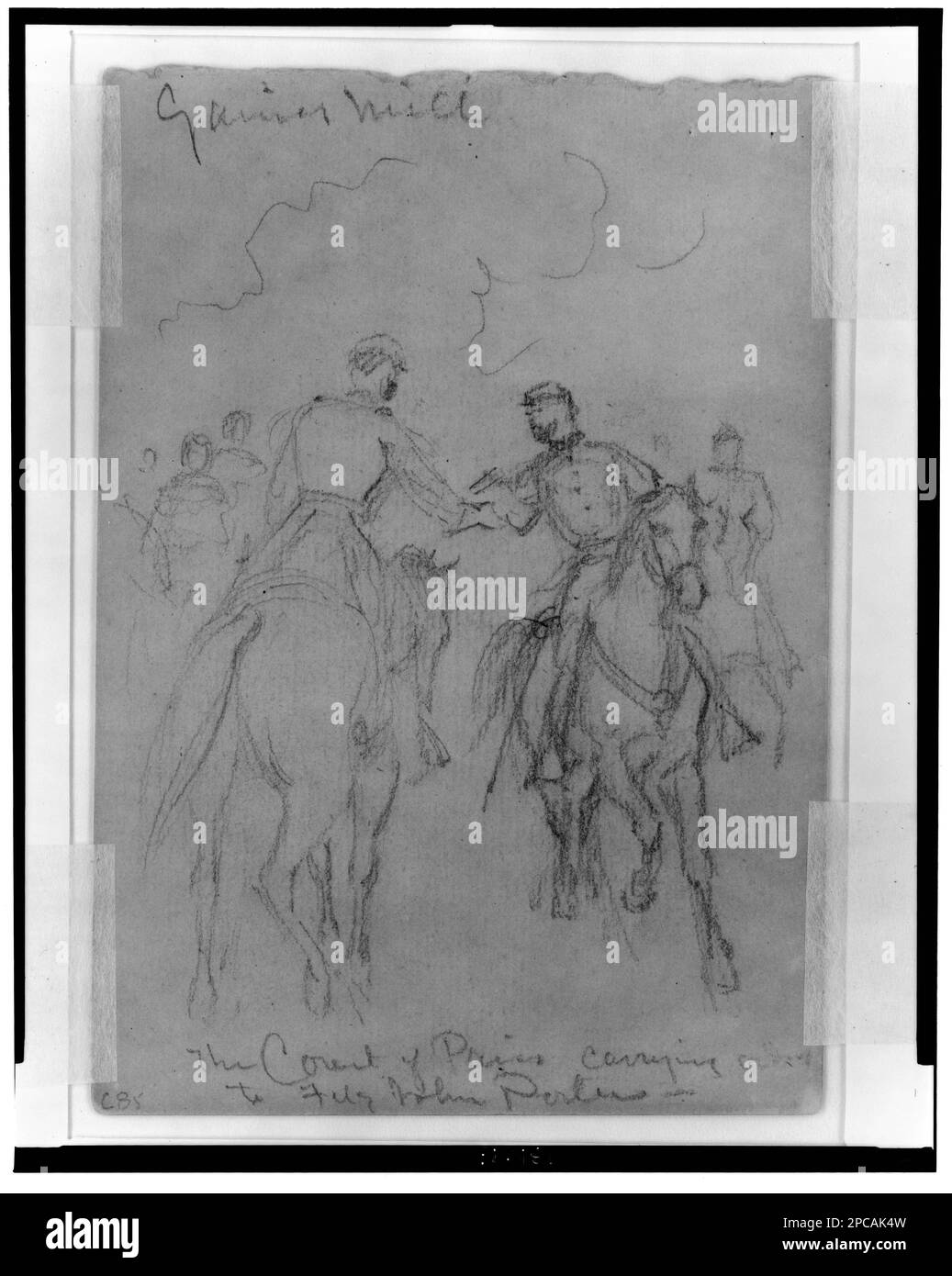 Gaines Mill. Der Graf von Paris hat Befehle an Fitz John Porter. Morgan Sammlung von Zeichnungen aus dem Bürgerkrieg. Porter, Fitz-John, 1822-1901, Militärdienst, Paris, Louis-Philippe-Albert d'Orleans, comte de, 1838-1894, Militärdienst, Gaines' Mill, Battle of, VA, 1862, Militäroffiziere, Union, 1860-1870, Usa, Geschichte, Bürgerkrieg, 1861-1865, Campaigns & Battles, USA, Geschichte, Bürgerkrieg, 1861-1865, Kommunikation, Usa, Virginia, Gaines' Mill Stockfoto