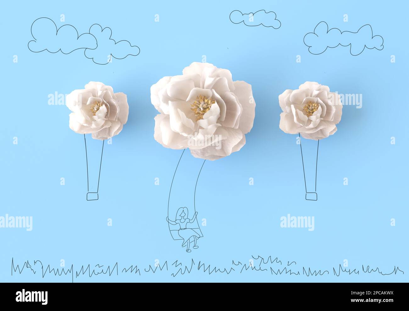 Ein Mädchen schwingt auf einer Seilschaukel. Schaukelblumen, Bleistiftskizze. Kreatives Konzept von Vorstellungskraft, Kindheit, Träumen. 3D-Darstellung rendern. Stockfoto