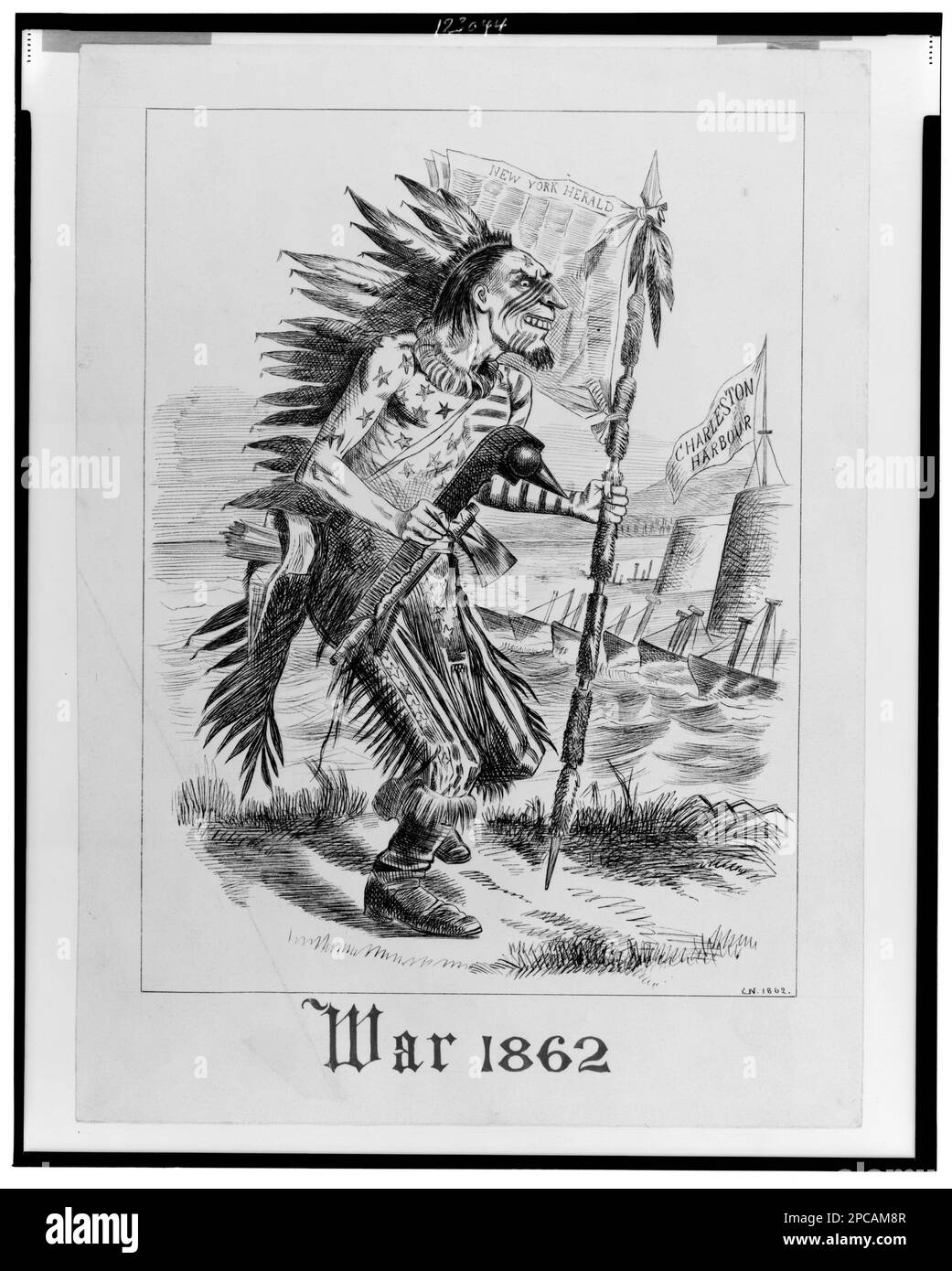 Krieg 1862. Keine Verlängerung beim Copyright Office. Inschrift auf Verso von Mount: English Origin von C.N, kann ein Begleitstück zu SWANN sein - Nr. 320 (Größe A), der Zeichentrickfilm aus dem Bürgerkrieg, mit dem Titel „Peace. 1862.', Keine Copyright-Informationen beim Artikel gefunden, unterschrieben, rechts unten: C.N. 1862, Titel in roter Tinte unter Bild, Bequest und Geschenk; Caroline und Erwin Swann; 1977; (DLC/PP-1977:215,52) zu Beginn des Bürgerkriegs sprach sich Bennett für einen gemäßigten, versöhnlichen Ansatz in Bezug auf den Konflikt aus und befürwortete zu diesem Zweck die Rechte des Südens, sprach sich gegen die Sklavenhändler des Nordens sowie gegen die Sezessionisten des Südens, bo, aus Stockfoto