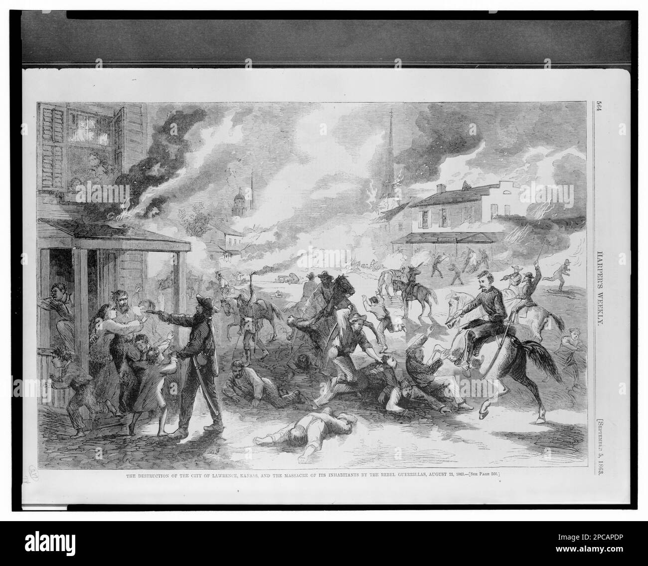 Die Zerstörung der Stadt Lawrence, Kansas, und das Massaker an ihren Bewohnern durch die Rebellen-Guerillas, 21. August 1863. Titel von Element, Abbildungen In: Harper's Weekly, v. 7, no 349 (1863. September 5), S. 564. Quantrill, William Clarke, 1837-1865, Militärdienst, Massaker, Kansas, Lawrence, 1860-1870, Campaigns & Battles, Kansas, Lawrence, 1860-1870, Usa, Geschichte, Bürgerkrieg, 1861-1865, Campaigns & Battles, USA, Geschichte, Bürgerkrieg, 1861-1865, Militärpersonal, Konföderierte. Stockfoto