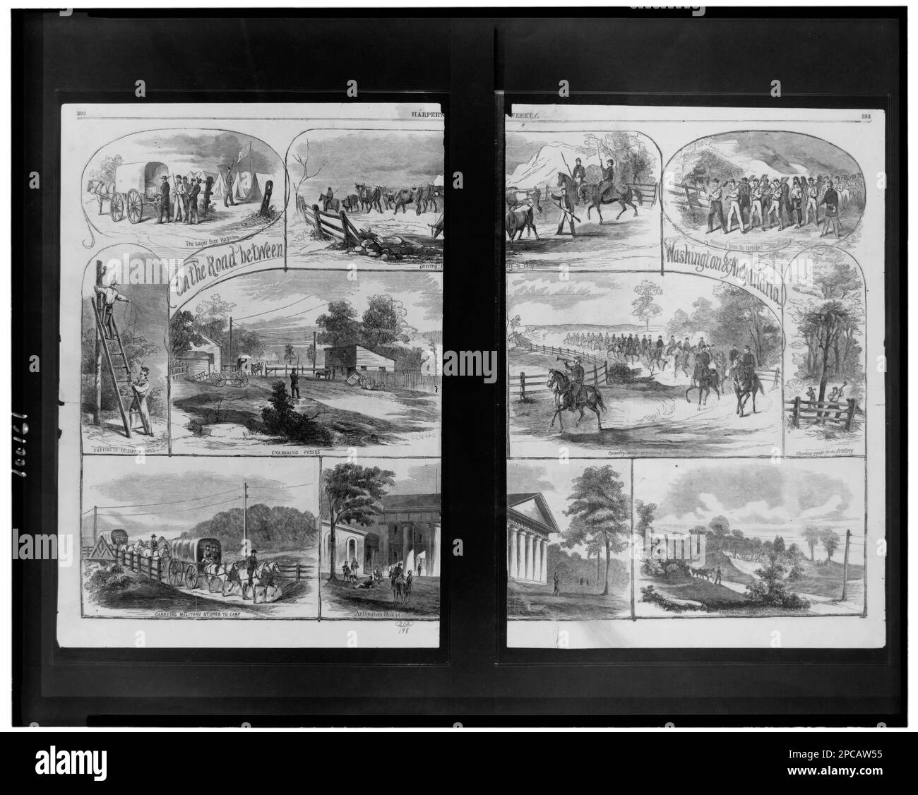 Auf der Straße zwischen Washington und Alexandria. Illus. In: Harper's Weekly, 1861 June 22, S. 392-393. USA, Geschichte, Bürgerkrieg, 1861-1865, Militärleben. Stockfoto