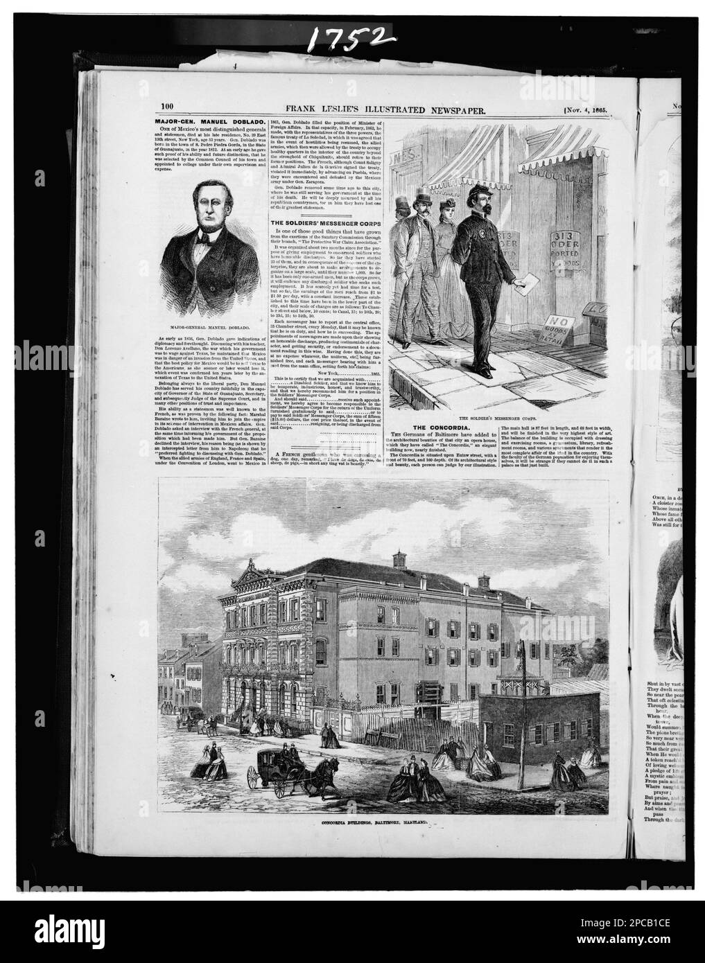 Generalmajor Manuel Doblado. Das Botenkorps des Soldaten. Concordia Buildings, Baltimore, Maryland. Illus. In: Frank Leslies illustrierte Zeitung, 1865. November 4, S. 100. Doblado, Manuel, 1818-1865, Opernhäuser, Maryland, Baltimore, 1860-1870, behinderte Veteranen, Amerikaner, 1860-1870, Usa, Geschichte, Bürgerkrieg, 1861-1865, Veteranen. Stockfoto