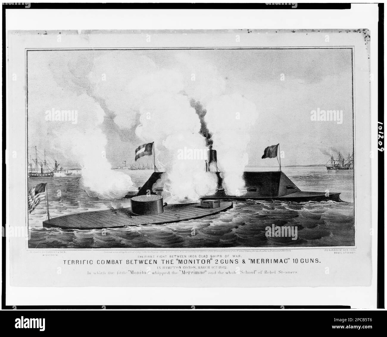Toller Kampf zwischen den 'Monitor' 2-Gewehren und 'Merrimac' 10-Gewehren der erste Kampf zwischen eisernen Kriegsschiffen in Hampton Roads, März 9. 1862, in dem der kleine 'Monitor' den 'Merrimac' und die ganze ' Schule' der Rebel-Dampfer geschlagen hat... Currier & Ives : ein Katalog Raisonné / erstellt von Gale Research. Detroit, MI: Gale Research, c1983, No 6463, ausgestellt: Capitol Visitors Center of the Library of Congress, Washington, D.C., 2011. Monitor (Ironclad), Merrimack (Frigate), Naval Warfare, Virginia, Hampton Roads, 1860-1870, Usa, Geschichte, Bürgerkrieg, 1861-1865, Marineeinsätze Stockfoto