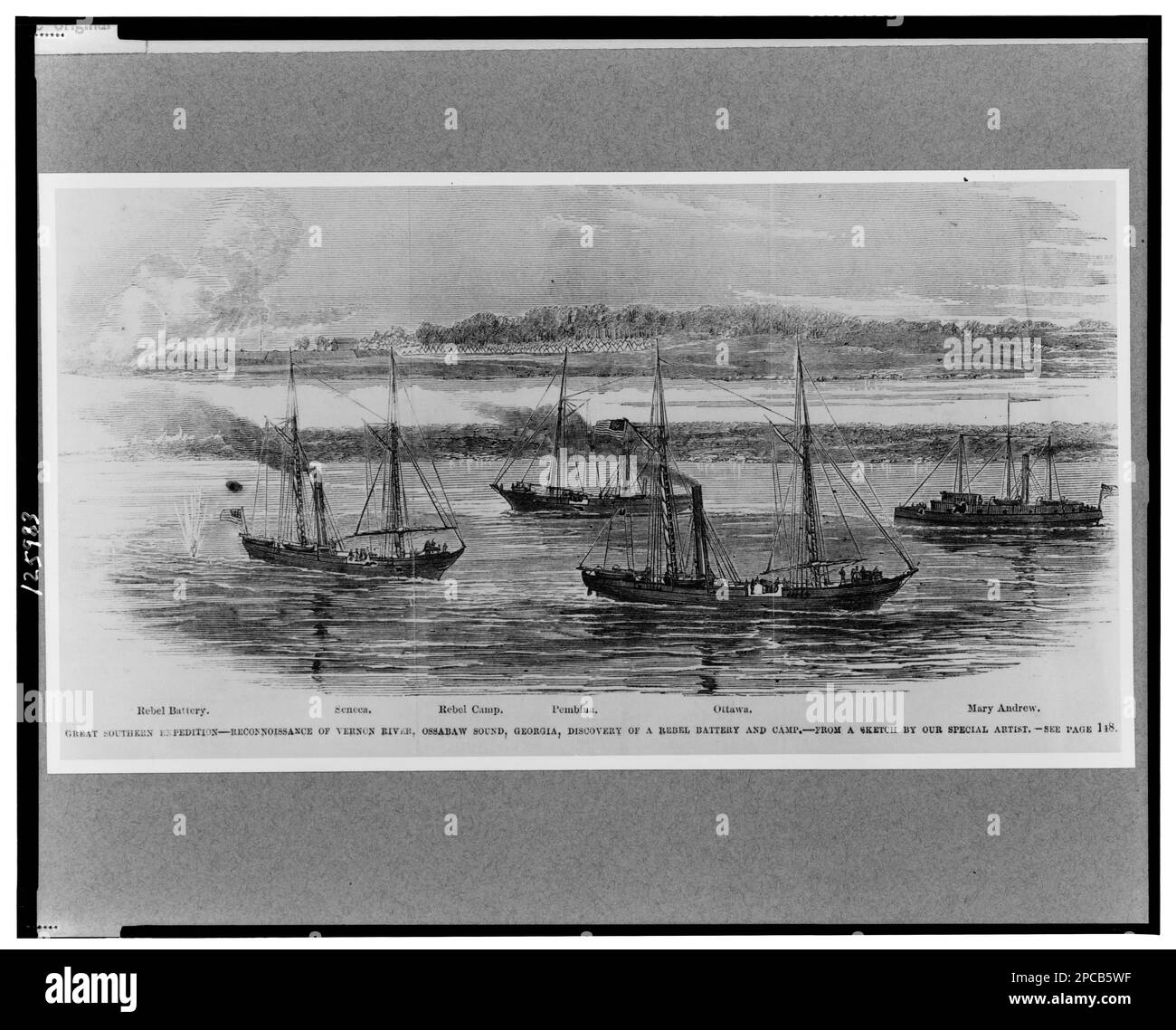 Große Süd-Expedition - Aufklärungssic auf dem Vernon River, Ossabaw Sound, Georgia, Entdeckung einer Rebellenbatterie und Camp. Foto einer Holzgravierung aus Harper's Weekly, Januar 1862, aus einer Zeichnung von William Crane. Kanonenboote, Union, Georgia, 1860-1870, Vereinigte Staaten, Geschichte, Bürgerkrieg, 1861-1865, Marineeinsätze. Stockfoto