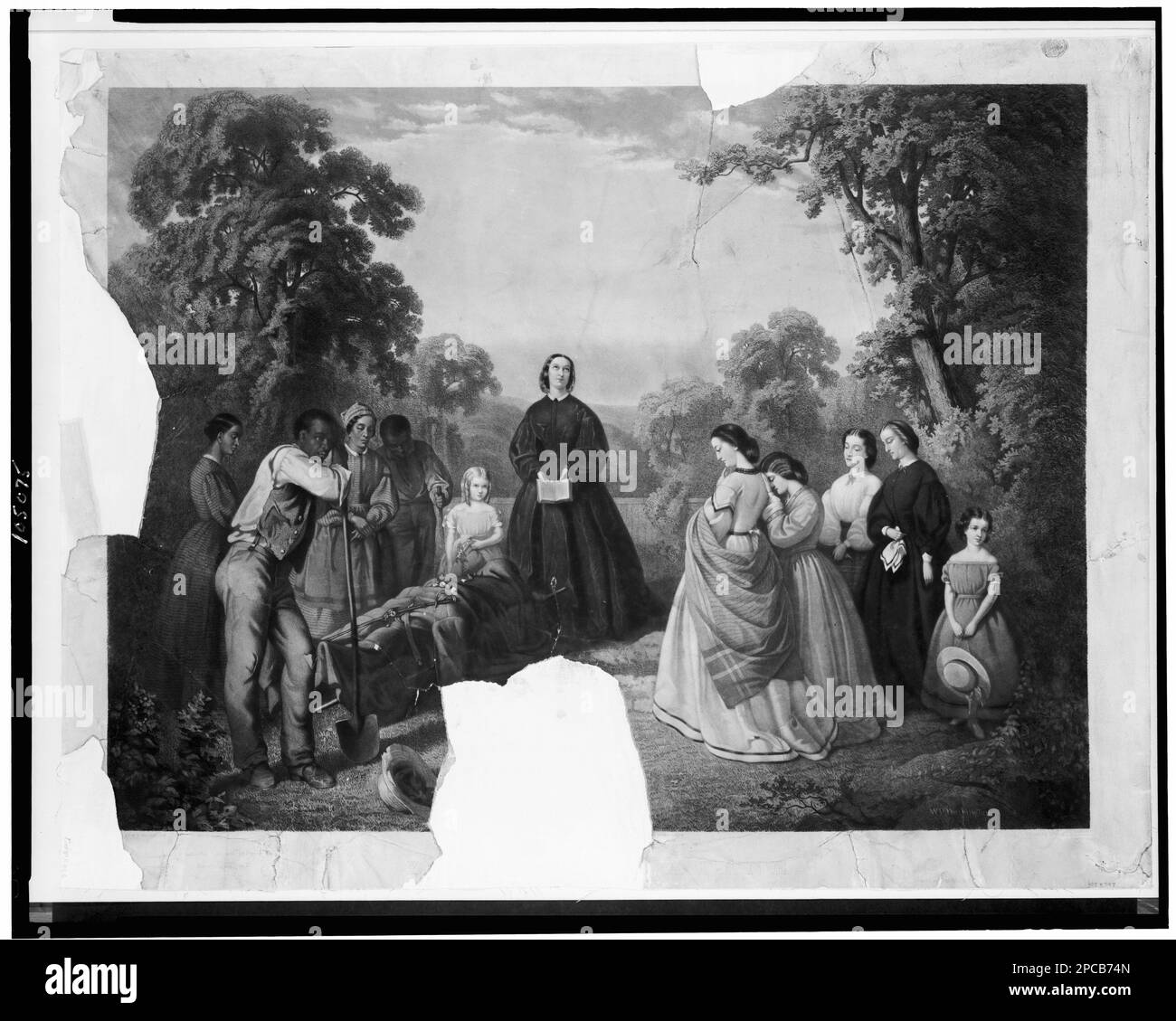 Begräbnis von Latane / ... Von W.D. Washington, eingraviert von A.G. Campbell. Unterschrieben in Druckschrift: W.D. Washington, 1864." Latané, William, d. 1862, Tod und Beerdigung, Bestattungsriten und Zeremonien, 1860-1870, Vereinigte Staaten, Geschichte, Bürgerkrieg, 1861-1865, Soziale Aspekte, USA, Geschichte, Bürgerkrieg, 1861-1865, Verletzte, Konföderierte. Stockfoto