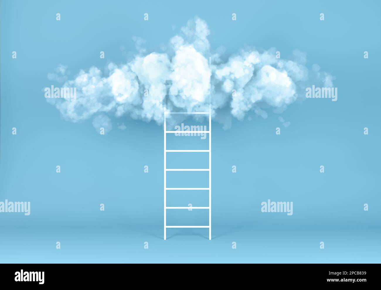 Weiße Treppe mit schwebender Wolke. Kreatives Konzept mit Leiter, die zu weißer Wolke über blauem Raumhintergrund führt. 3D-Darstellung rendern. Geschäftsidee Stockfoto