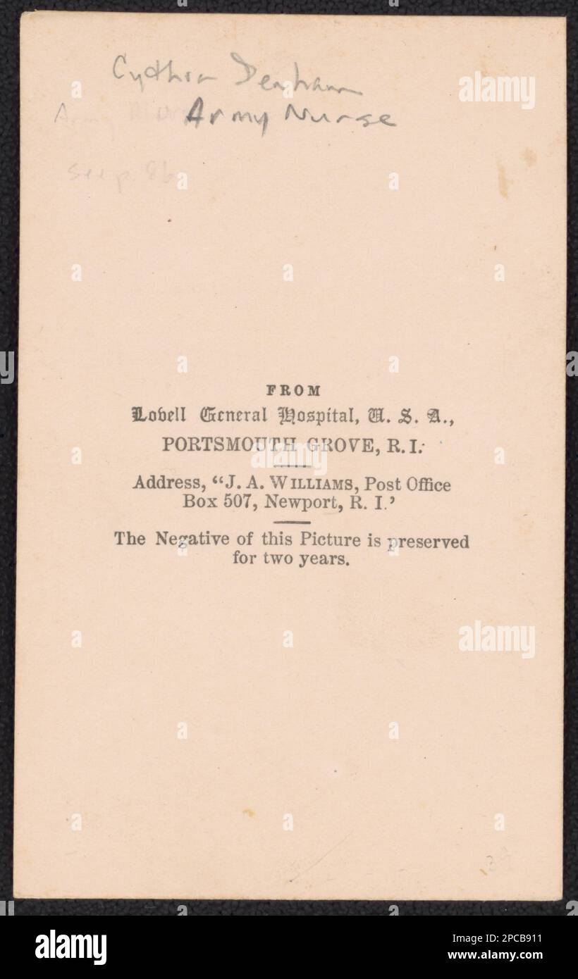 Cynthia R. Tuell Denham, Bürgerkriegsschwester am Lovell General Hospital, USA, Portsmouth Grove / J.A. Williams, Postamt Box 507, Newport, R.I., vom Lovell General Hospital, USA, Portsmouth Grove, R.I.. Liljenquist Family Sammlung von Bürgerkriegsfotos, pp/liljpaper. Denholm, Cynthia R. Tuell, ca. 1840-, Krankenschwestern, 1860-1870, Usa, Geschichte, Bürgerkrieg, 1861-1865, Frauen, USA, Geschichte, Bürgerkrieg, 1861-1865, Medizinische Aspekte, Gewerkschaft. Stockfoto