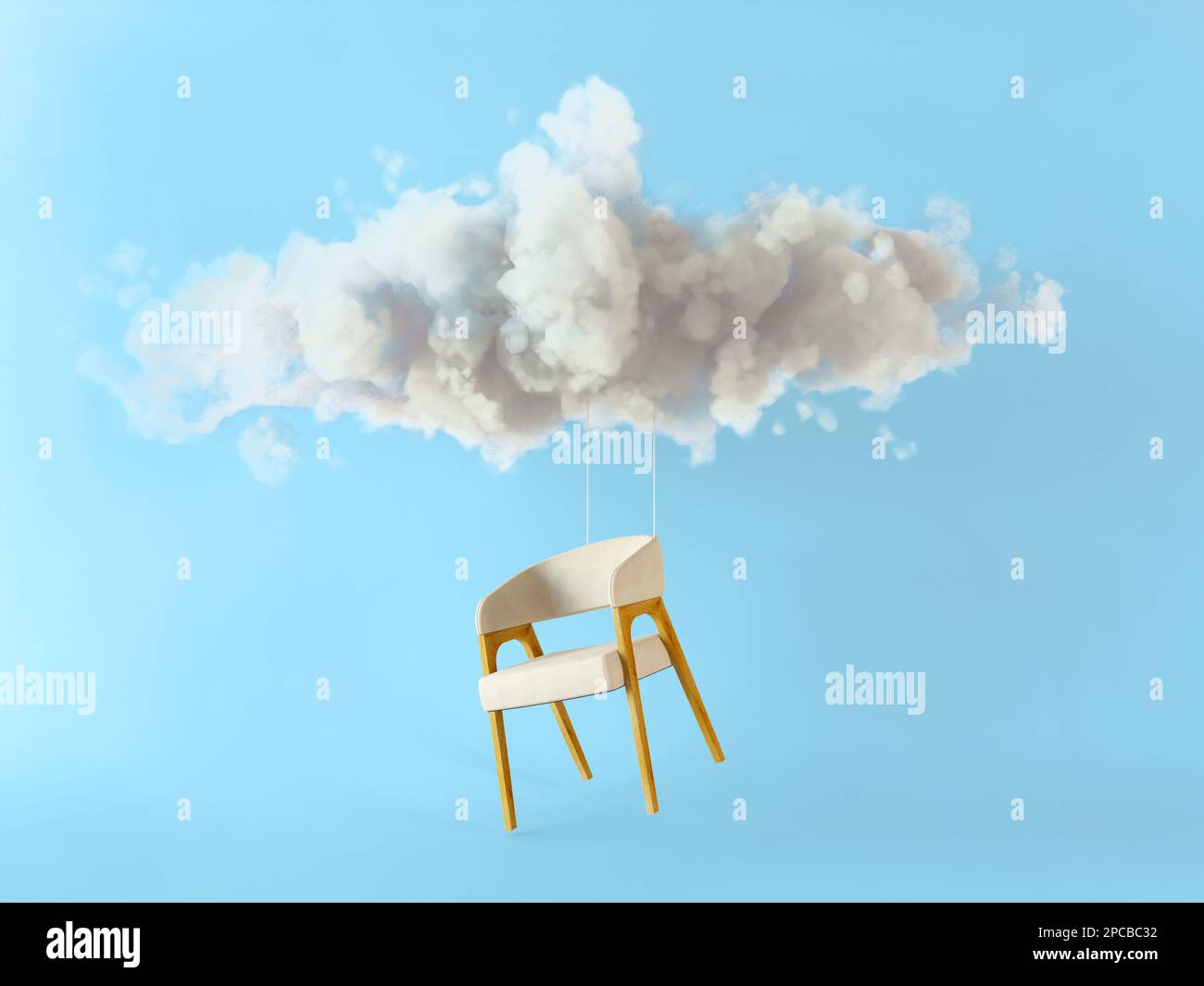 Ein weißer Stuhl mit weißer Wolke auf pastellblauem Hintergrund. Minimalkonzeption der Party. 3D-Darstellung rendern. Stockfoto