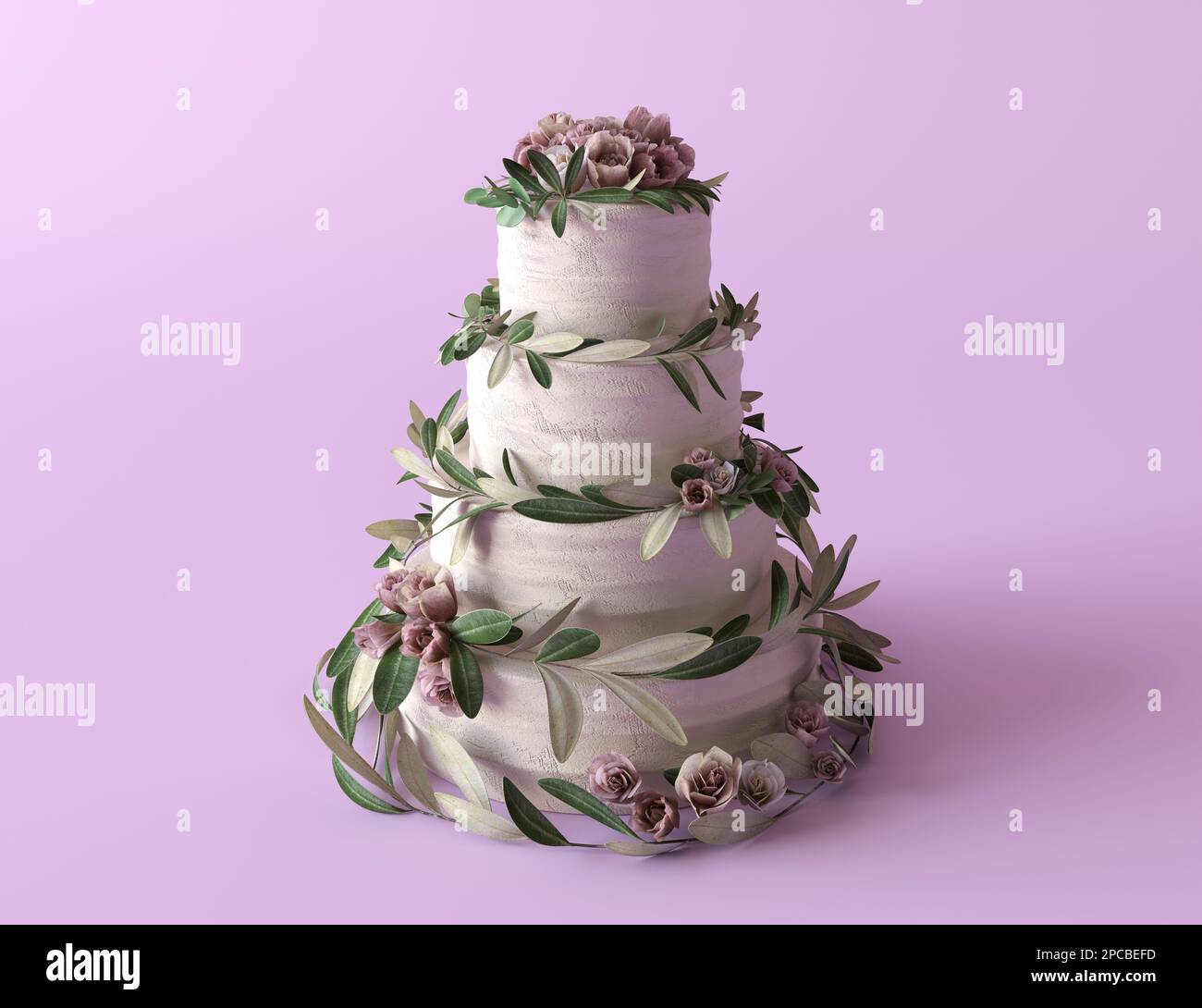 Fantasy mehrschichtiger Kuchen. Der Schwammkuchen ist weiß cremefarben, mit grünen Blättern und frischen Blumen dekoriert. Köstlicher Kuchen im natürlichen Waldstil Stockfoto