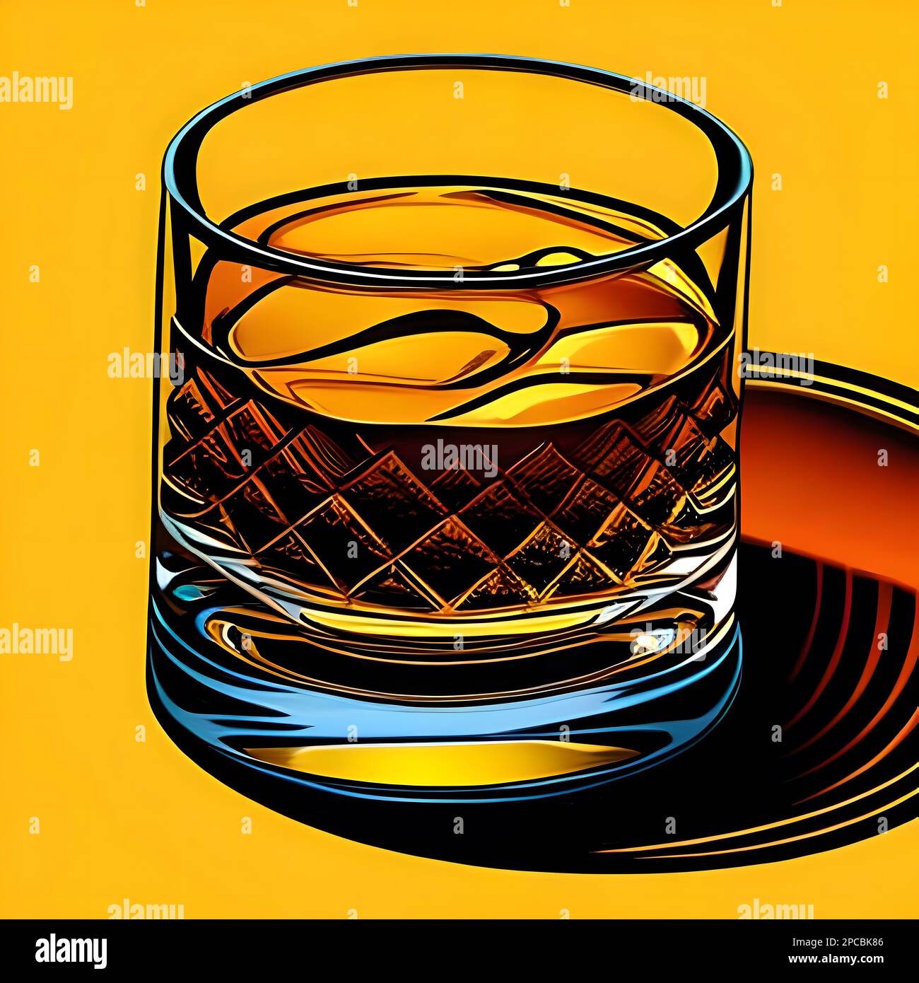 Whiskey mit Eis in einem Kristallglas. Pop-Art-Still-Leben. Grenerative KI Stockfoto