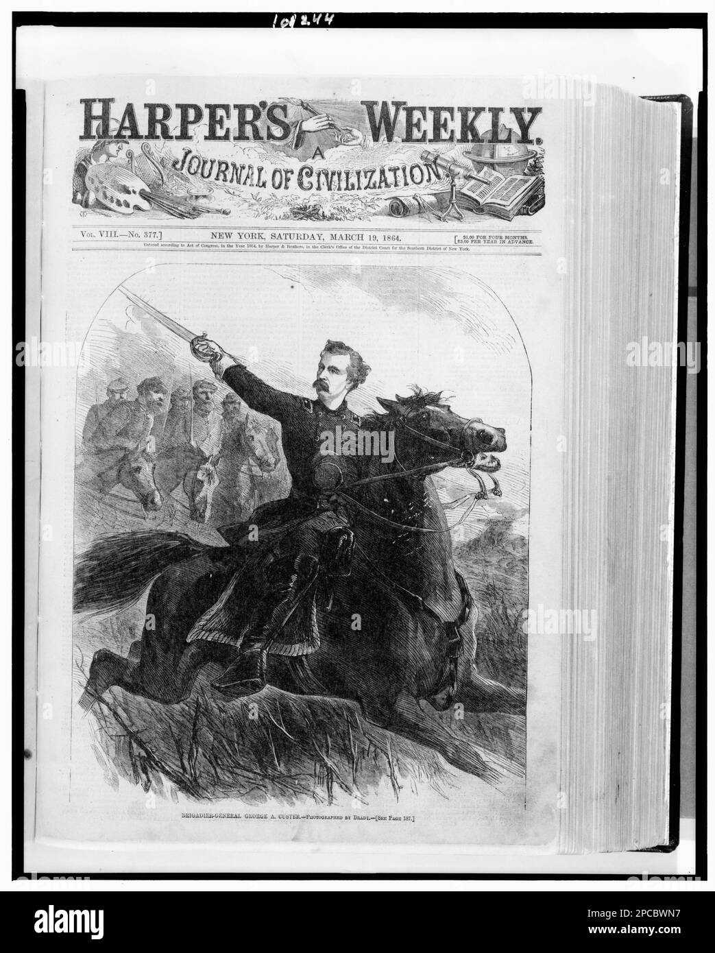 Brigadegeneral George A. Custer / Foto von Brady... Illus. In: Harper's Weekly, 1864. März 19, S. 177. Custer, George Armstrong, 1839-1876, Militärdienst, Generäle, Union, 1860-1870, Horseback Riding, 1860-1870, Vereinigte Staaten, Geschichte, Bürgerkrieg, 1861-1865, Militärpersonal, Union. Stockfoto