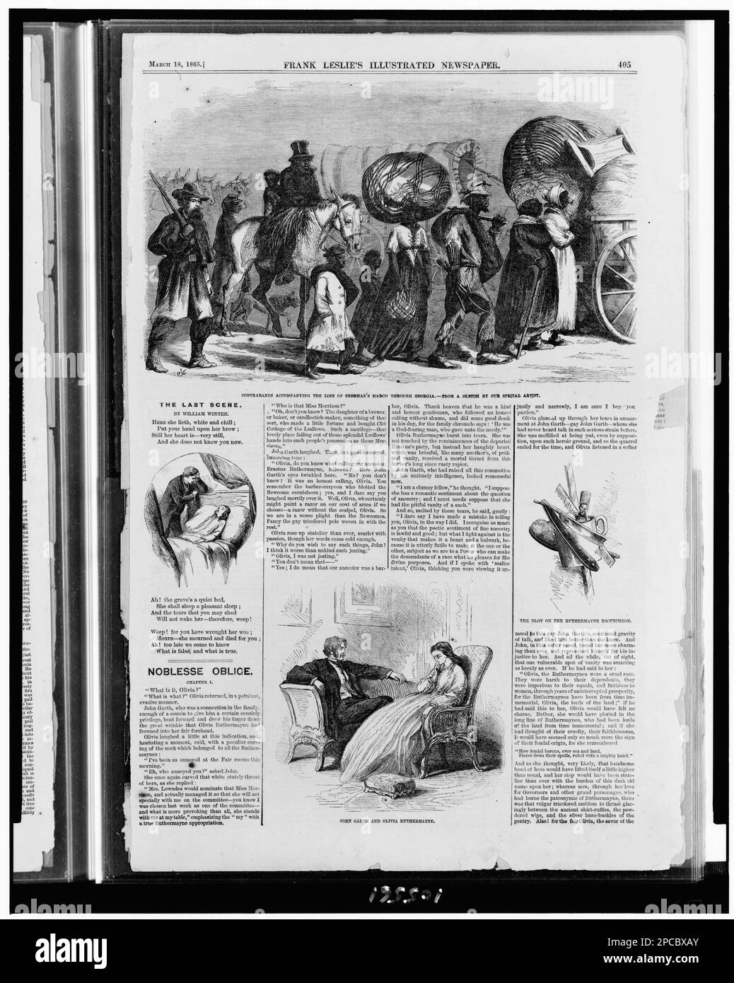 Schmuggelware, die die Linie von Shermans marsch durch Georgia begleitet / / von einer Skizze unseres Spezialkünstlers. Die letzte Szene. John Garth und Olivia Ruthermayne. Der Blot auf dem Ruthermayne-Schild. Illus. In: Frank Leslies illustrierte Zeitung, 1865. März 18, S. 405. Usa, Geschichte, Bürgerkrieg, 1861-1865, Afroamerikaner, Tote, Georgia, 1860-1870, Kleidung und Körperpflege, 1860-1870, zwischenmenschliche Beziehungen, 1860-1870. Stockfoto
