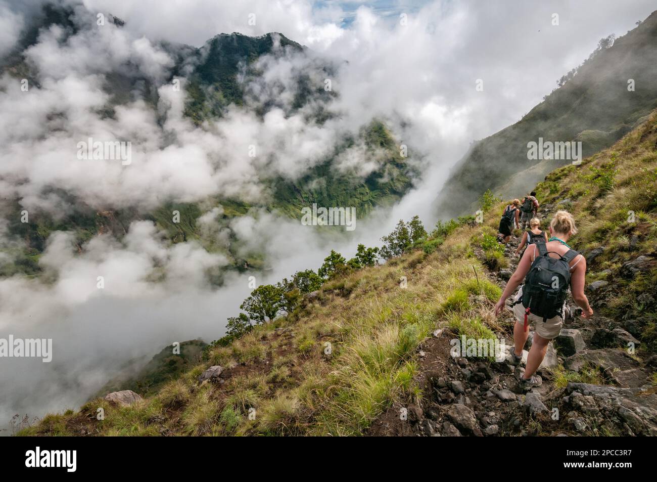 Sinken Sie im Nebel des Mount Rinjani in Richtung des Sees, Lombok, Indonesien Stockfoto