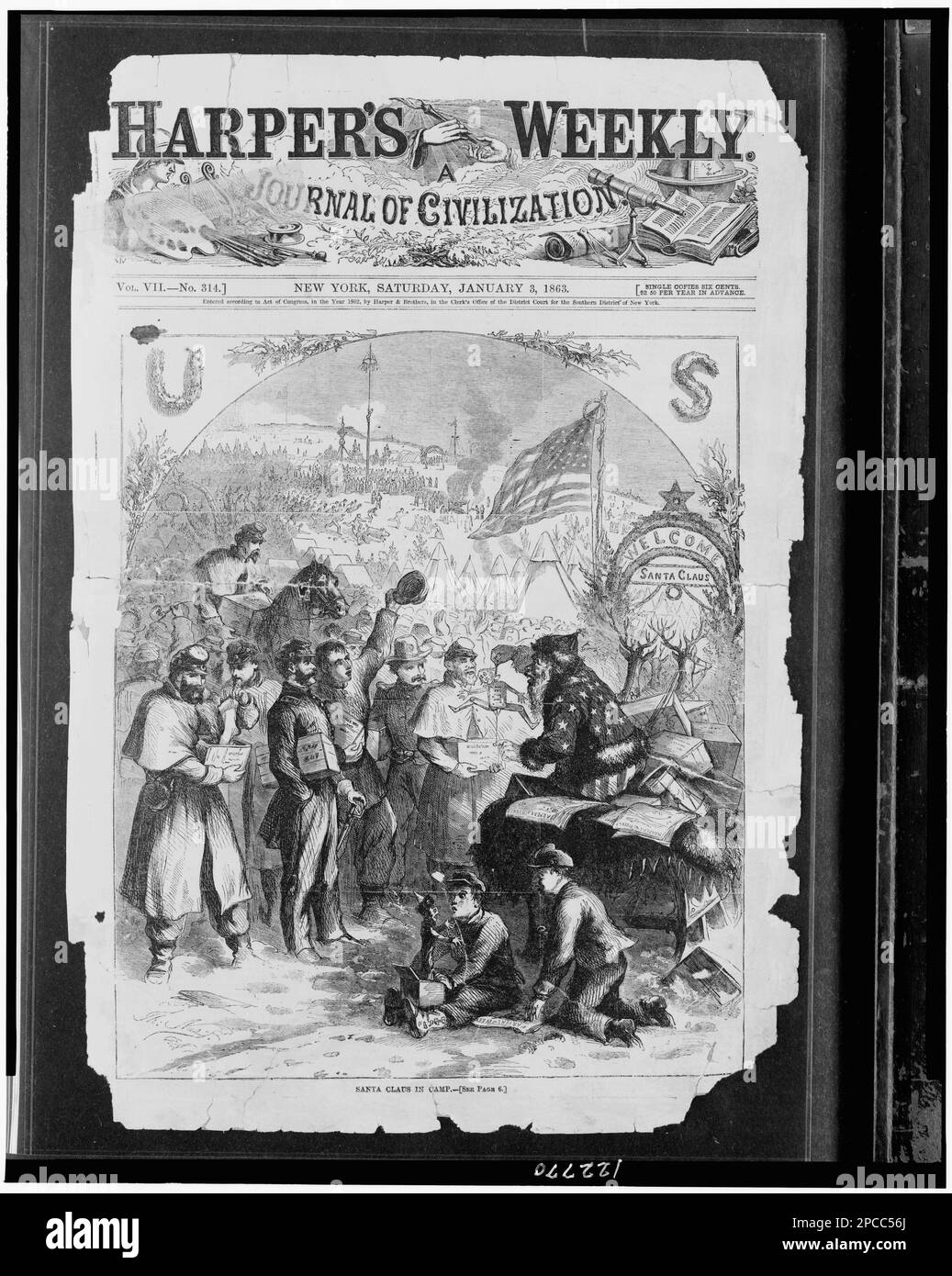 Der Weihnachtsmann ist im Camp. Illus. In: Harper's Weekly, v. 7, (1863. Januar 3), S. 1. Weihnachten, 1860-1870, Weihnachtsmann, 1860-1870, Usa, Geschichte, Bürgerkrieg, 1861-1865, Militärpersonal. Stockfoto