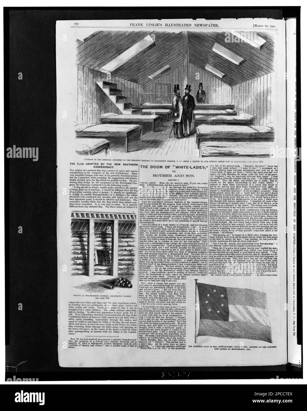 Krankenhausblick und Nationalflagge der Südlichen Konföderation. Illus. In: Frank Leslies illustrierte Zeitung, v. 11, No 279 (1861. März 30), S. 292. Krankenhausstationen, South Carolina, Charleston Harbor, 1860-1870, Flags, 1860-1870, Usa, Geschichte, Bürgerkrieg, 1861-1865, Medizinische Aspekte. Stockfoto