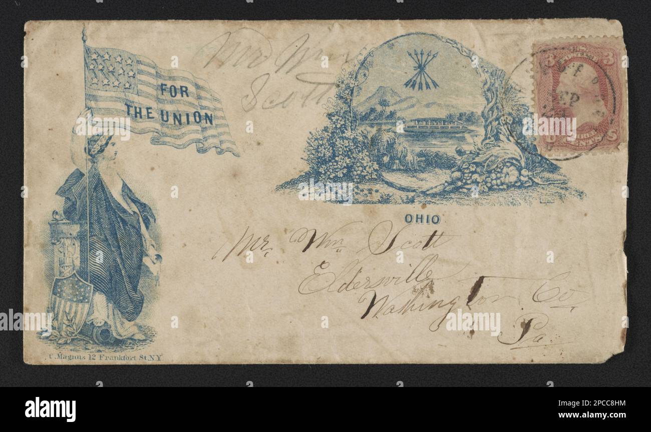 Der Bürgerkriegsumschlag zeigt Kolumbien mit amerikanischer Flagge, mit der Botschaft "für die Union" und dem Staatssiegel von Ohio. Der Titel wurde von Bibliotheksmitarbeitern erfunden, adressiert an Mr. WM. Scott, ELDERSVILLE, Washington Co., Pennsylvania; abgeschickt am 24. September; Bears 3 Cent Stempel, Gift; Tom Liljenquist; 2010; (DLC/PP-2010:105), pp/liljmem. Columbia (Symbolzeichen), 1860-1870, State Seals, Ohio, 1860-1870, Flaggen, Amerikanisch, 1860-1870, Usa, Geschichte, Bürgerkrieg, 1861-1865, Soziale Aspekte. Stockfoto