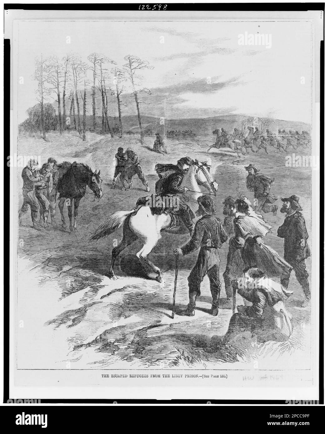 Die entflohenen Flüchtlinge aus dem Lisic-Gefängnis. Fotosammlung des Bürgerkriegs , Illustration von: Harper's Weekly, 1864. Libby Gefängnis, Volk, 1860-1870, Kriegsgefangene, Union, 1860-1870, Usa, Geschichte, Bürgerkrieg, 1861-1865, Gefangene, Union. Stockfoto