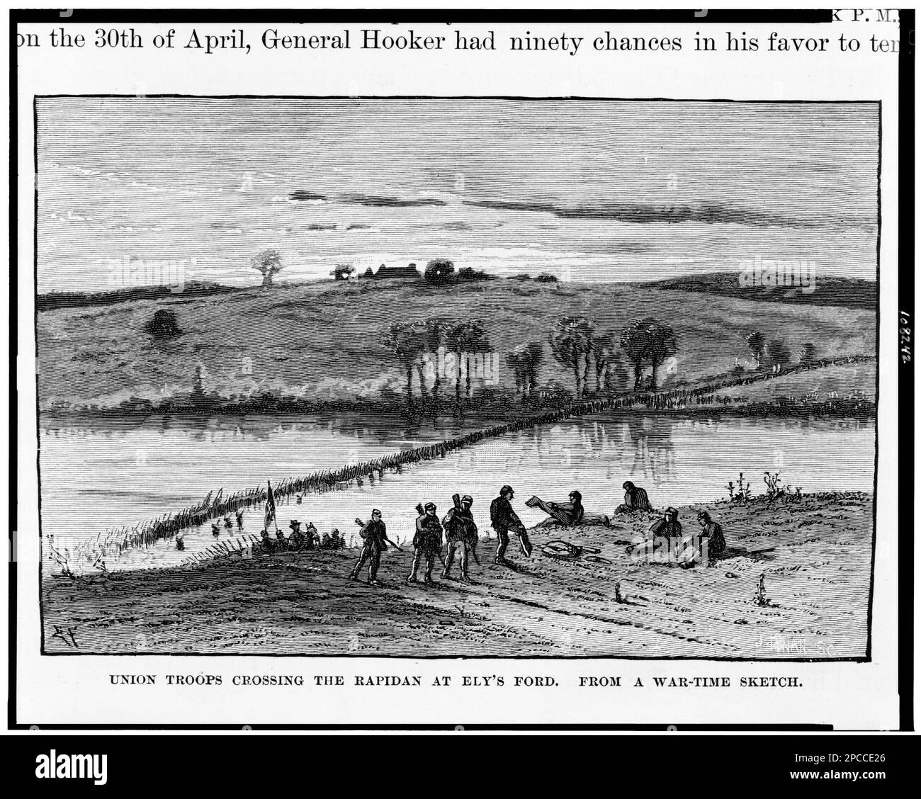 Truppen der Union überquerten den Rapidan bei Ely's Ford. Illus. In: Schlachten und Führer des Bürgerkriegs. New York : The Century Co, c1884, c1888, Vol. 3, S. 174, Referenzkopie in CHARGE 4420-F (1862). Fords (Stream Crossings), Virginia, 1860-1870, Vereinigte Staaten, Geschichte, Bürgerkrieg, 1861-1865, Kampagnen und Schlachten, Truppenbewegungen, Union, Virginia, Chancellorsville, 1860-1870, Chancellorsville, Battle of, Chancellorsville, Va, 1863. Stockfoto