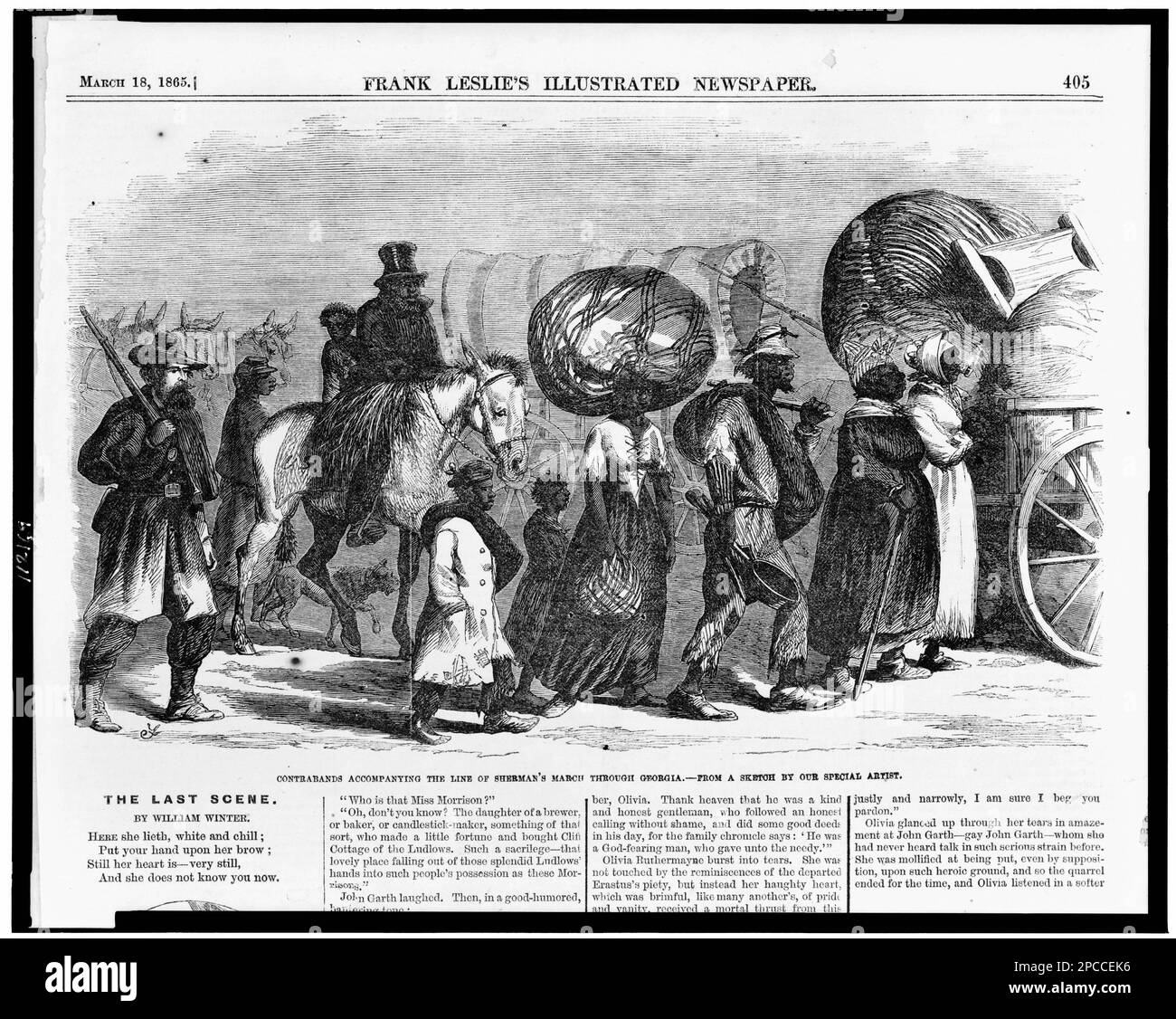 Schmuggelware, die die Linie von Shermans marsch durch Georgia begleitet / von einer Skizze von unserem Spezialkünstler... Illus. In: Illustrierte Zeitung von Frank Leslie, 1865. März 18, S. 405, DCRM(G) Beispiel 1E8 - Erklärung der Verantwortung. USA, Geschichte, Bürgerkrieg, 1861-1865, Kampagnen und Schlachten, Union, Vereinigte Staaten, Geschichte, Bürgerkrieg, 1861-1865, Afroamerikaner. Stockfoto