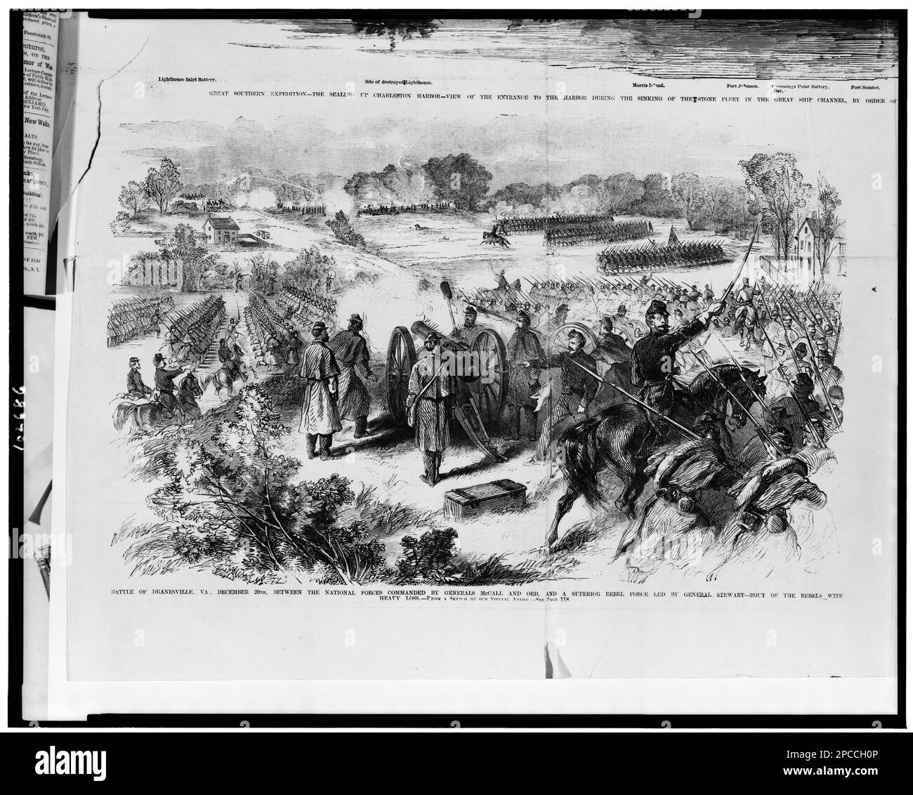 Schlacht von Dranesville, Virginia, 20. Dezember, zwischen den nationalen Streitkräften unter dem Kommando der Generäle McCall und Ord und einer überlegenen Rebellentruppe unter der Führung von General Stewart - Rout of the Rebels with heavy Loss / nach einer Skizze unseres Spezialkünstlers... Illus. In: Frank Leslies illustrierte Zeitung, 1862. Januar 11, gegenüber S. 128. USA, Geschichte, Bürgerkrieg, 1861-1865, Kampagnen und Schlachten, Campaigns & Battles, Virginia, Dranesville, 1860-1870. Stockfoto