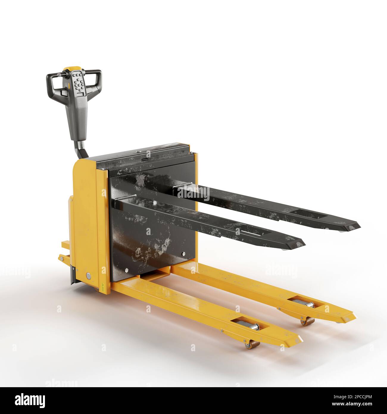 3D-Rendering des Gabelstaplers auf weißer Oberfläche Stockfoto