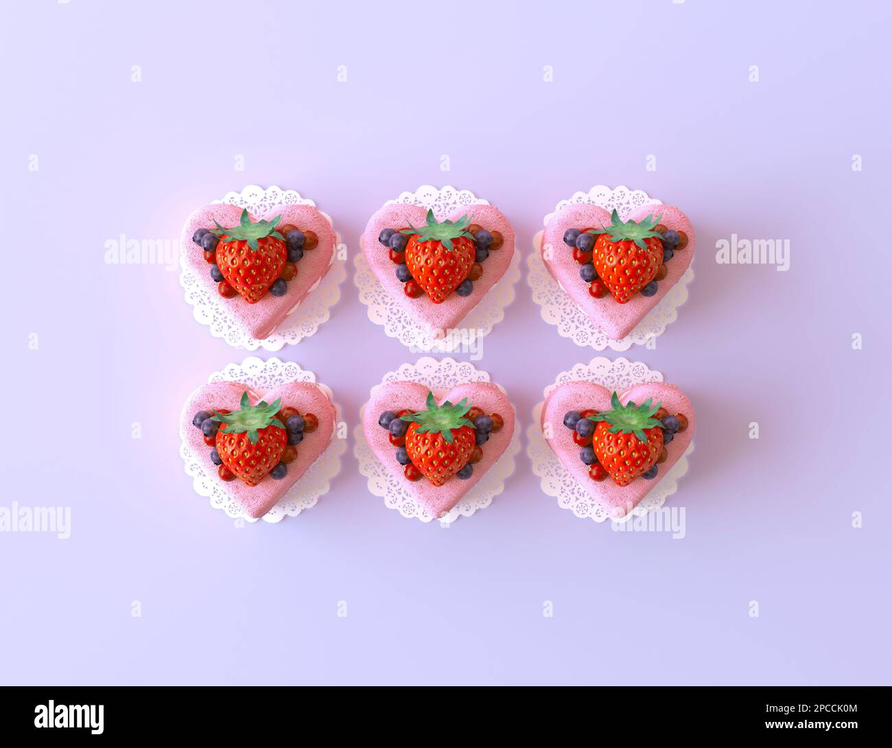 Rosafarbene Baiser in Form von Liebesherzen dekoriert mit wilden Beeren und Erdbeeren. Musteransicht von oben, sechs süße Kuchen zum Valentinstag Stockfoto