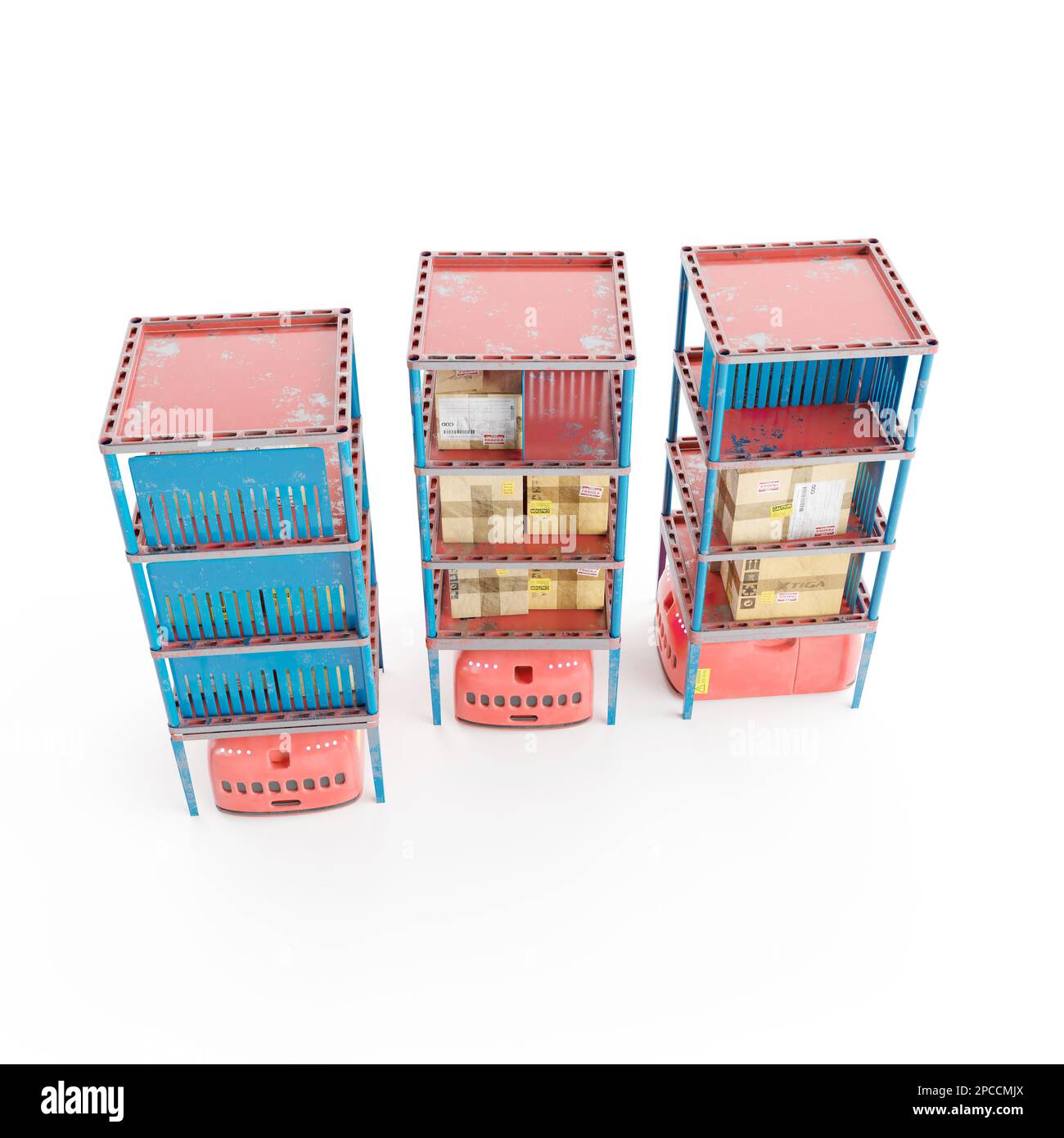 3D übereinander gestapelte Kartons in organisierter Form, versandfertig gerendert Stockfoto