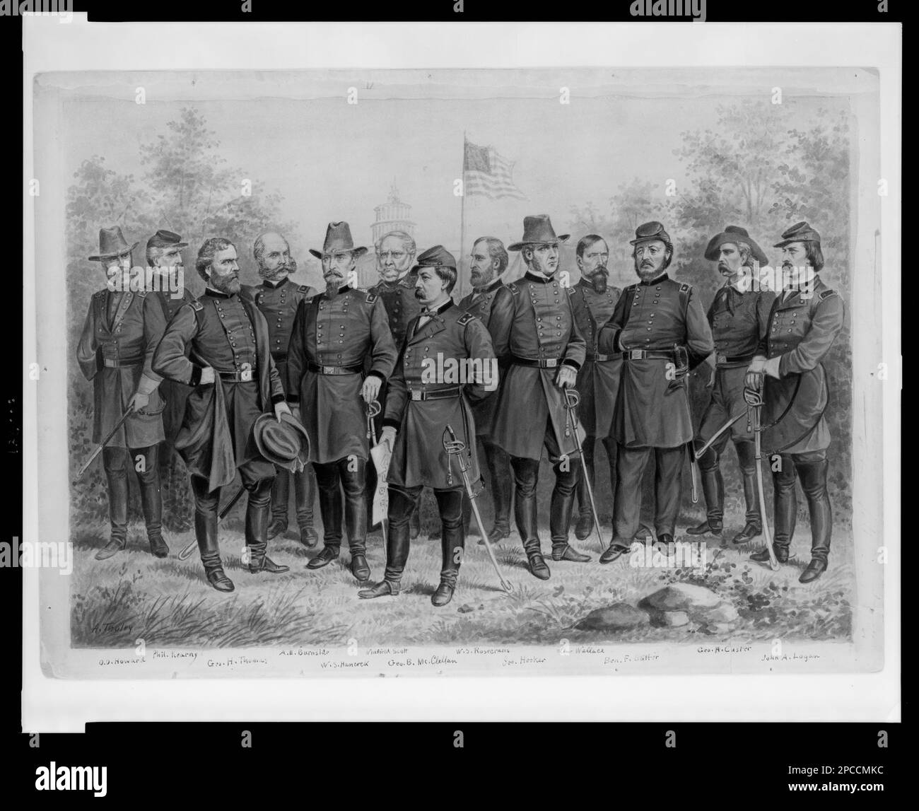 USA Armee- und Kavallerieoffiziere vor den USA Capitol Building / A. Tholey... Unterschrieben links unten im Bild: A. Tholey, Titel erfunden, mit schwarzer Tinte unter dem Bild als Indikatoren der Offiziere eingraviert: O.O. Howard, Phil, Ich Bin'S. Kearny, Geo H. Thomas, A.E. Burnside, W.S. Hancock, Winfield Scott, Geo B. McClellan, W. S. Rosecrans, Jos. Nutte, Lew Wallace, Ben F. Butler, Geo A. Custer, John A. Logan, eingraviert und teilweise gelöscht, vertikaler rechter Rand: Platte 4 1/2 x 6 1/[?] [...], gezeichnet: A. Tholey, wahrscheinlich der Künstler Augustus Tholey, Gift, John R. Chapin, 1902 (DLC/PP-A41531,19). Howard, oh Stockfoto