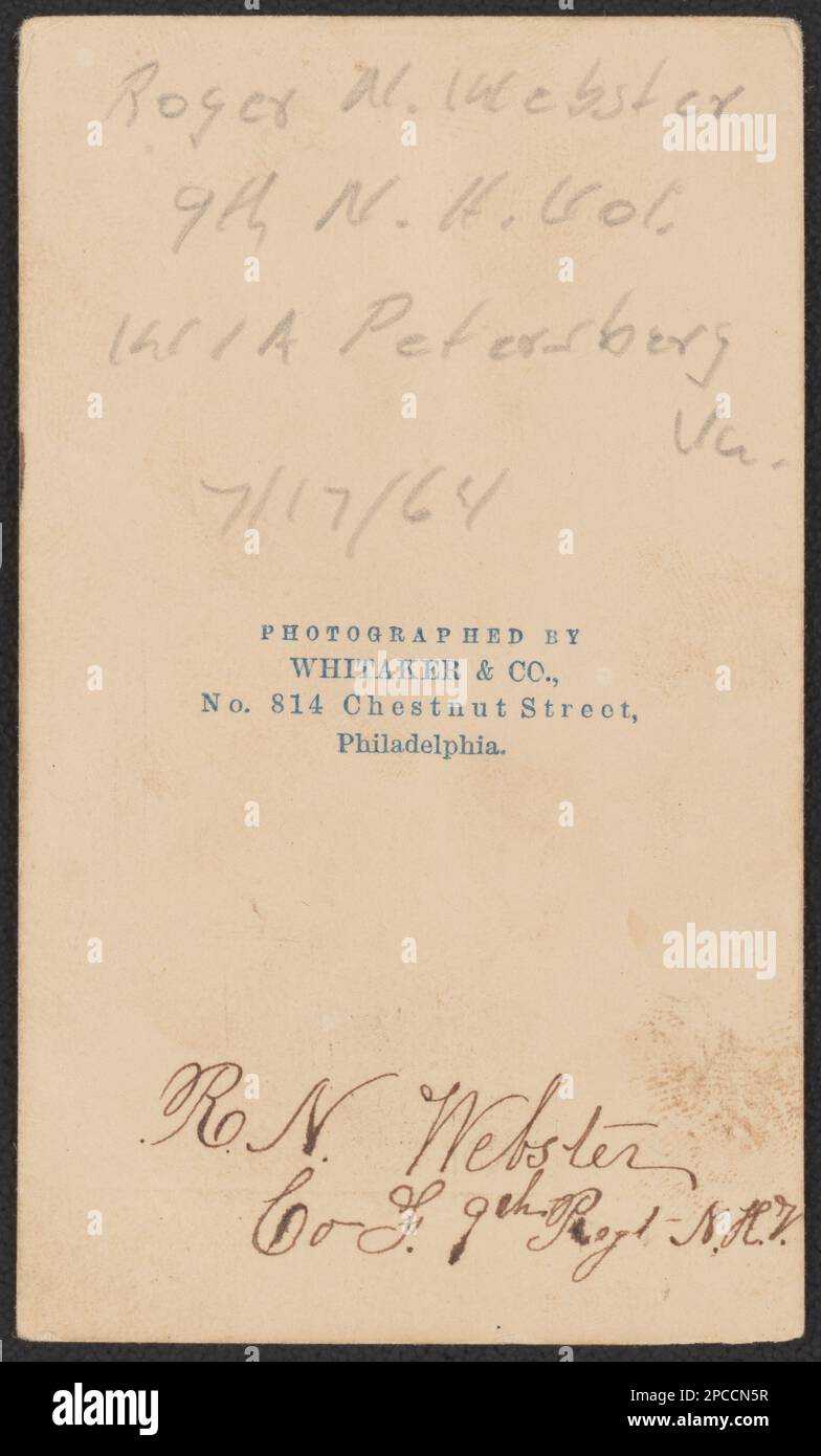 Corporal Roger N. Webster von Co F, 9. New Hampshire Infanterie Regiment in Uniform / fotografiert von Whitaker & Co., No. 814 Chestnut Street, Philadelphia.. Liljenquist Family Sammlung von Bürgerkriegsfotos, pp/liljpaper. Webster, Roger N, ungefähr 1843-, USA, Armee, New Hampshire Infanterie Regiment, 9. (1862-1865), People, Soldiers, Union, 1860-1870, Militäruniformen, Union, 1860-1870, Vereinigte Staaten, Geschichte, Bürgerkrieg, 1861-1865, Militärpersonal, Union. Stockfoto