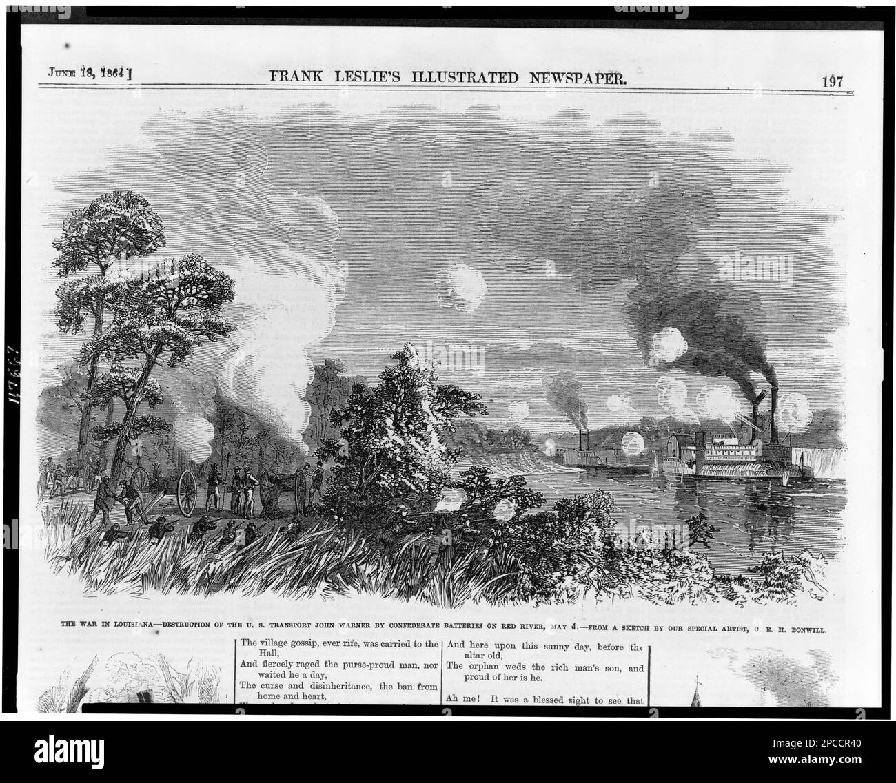 Der Krieg in Louisiana - Zerstörung des US-Transports John Warner durch konföderierte Batterien auf Red River, Mai 4 / von einer Skizze unseres Spezialkünstlers C.E.H. Bonwill... Illus. In: Frank Leslies illustrierte Zeitung, l864. Juni 18, S. 197. USA, Geschichte, Bürgerkrieg, 1861-1865, Kampagnen und Schlachten, Marinekriegsführung, Red River (Textil-La.), 1860-1870. Stockfoto