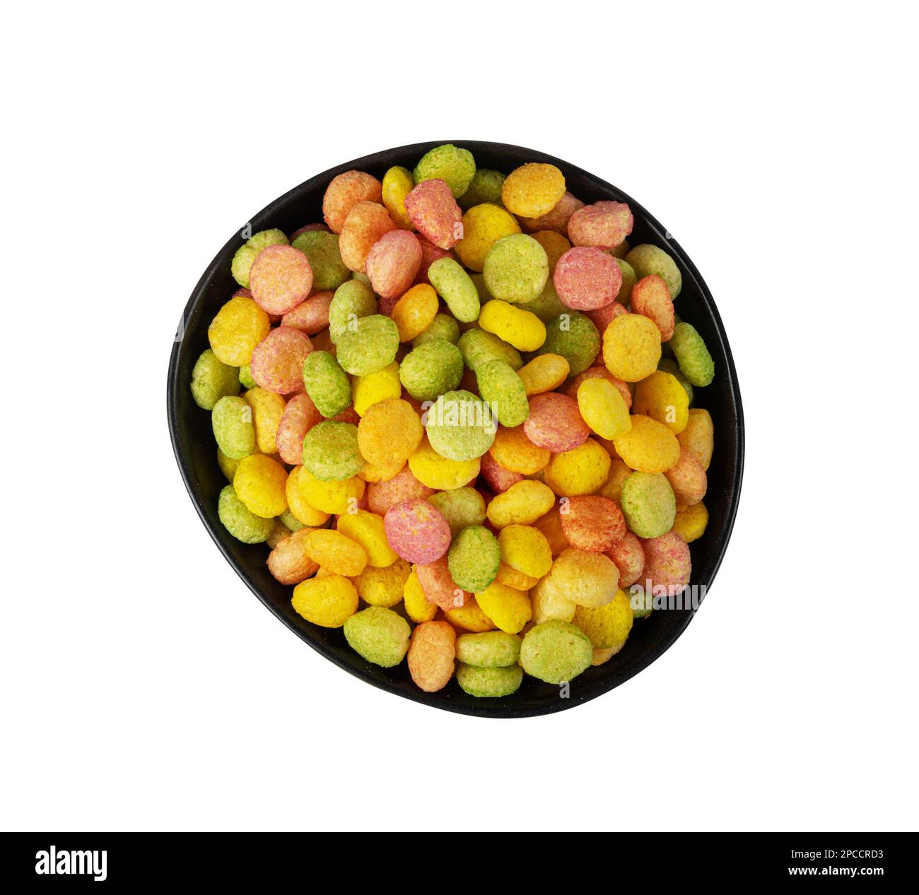 Farbenfrohe Frühstückspollen isoliert, fruchtige Cerealien Ball, runde bunte Corn Cerealien Kollektion auf weißem Hintergrund Draufsicht Stockfoto