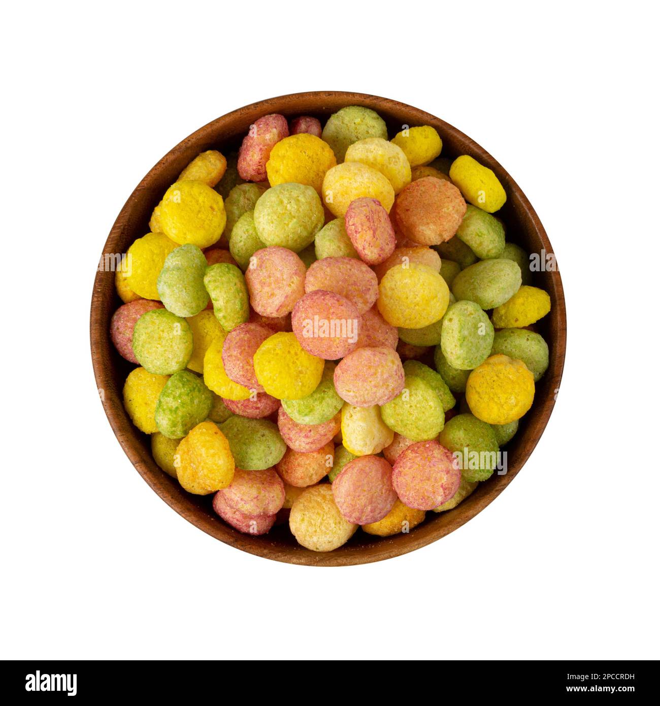 Farbenfrohe Frühstückspollen isoliert, fruchtige Cerealien Ball, runde bunte Corn Cerealien Kollektion auf weißem Hintergrund Draufsicht Stockfoto