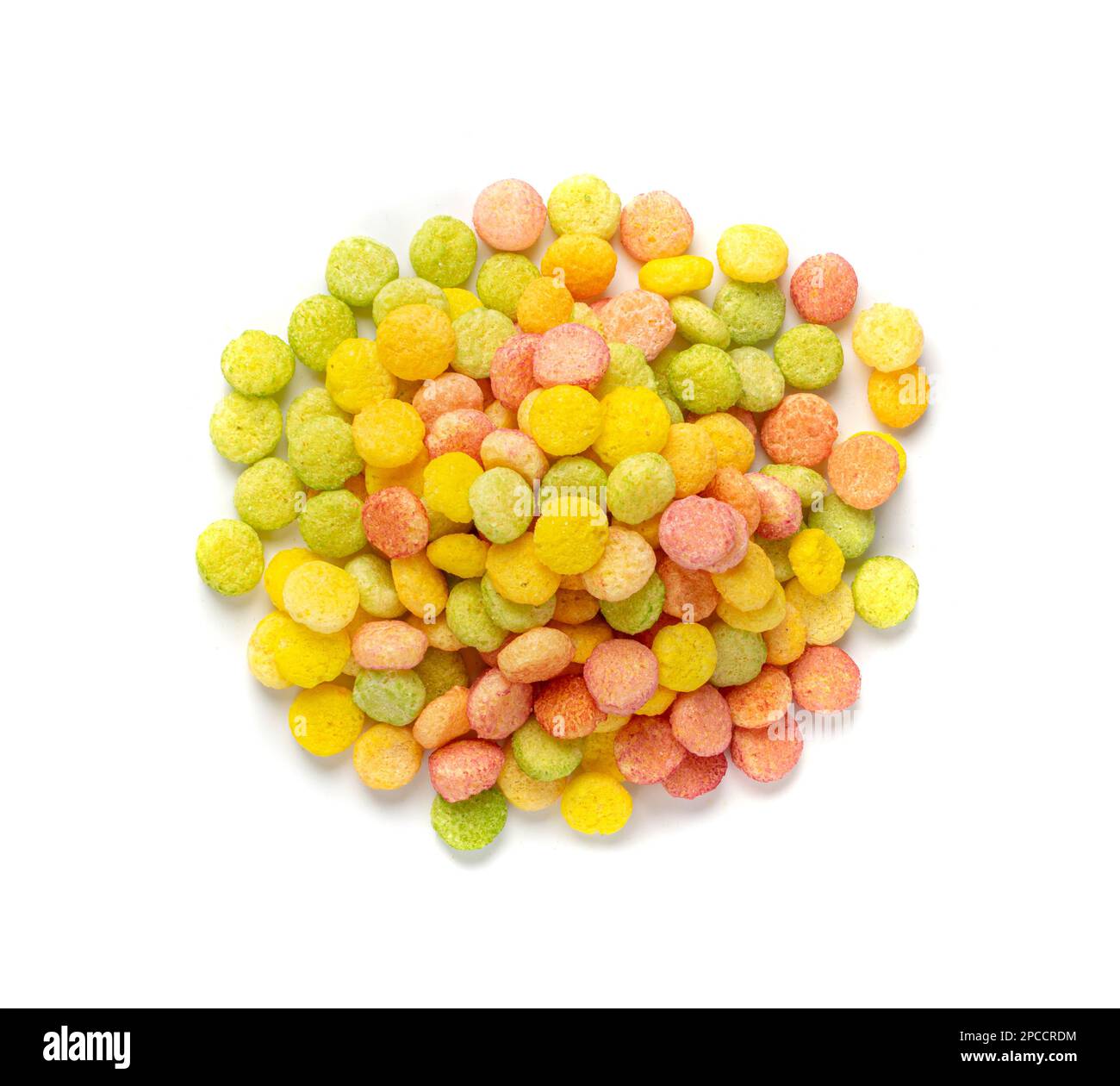Farbenfrohe Frühstückspollen isoliert, fruchtige Cerealien Ball, runde bunte Corn Cerealien Kollektion auf weißem Hintergrund Draufsicht Stockfoto